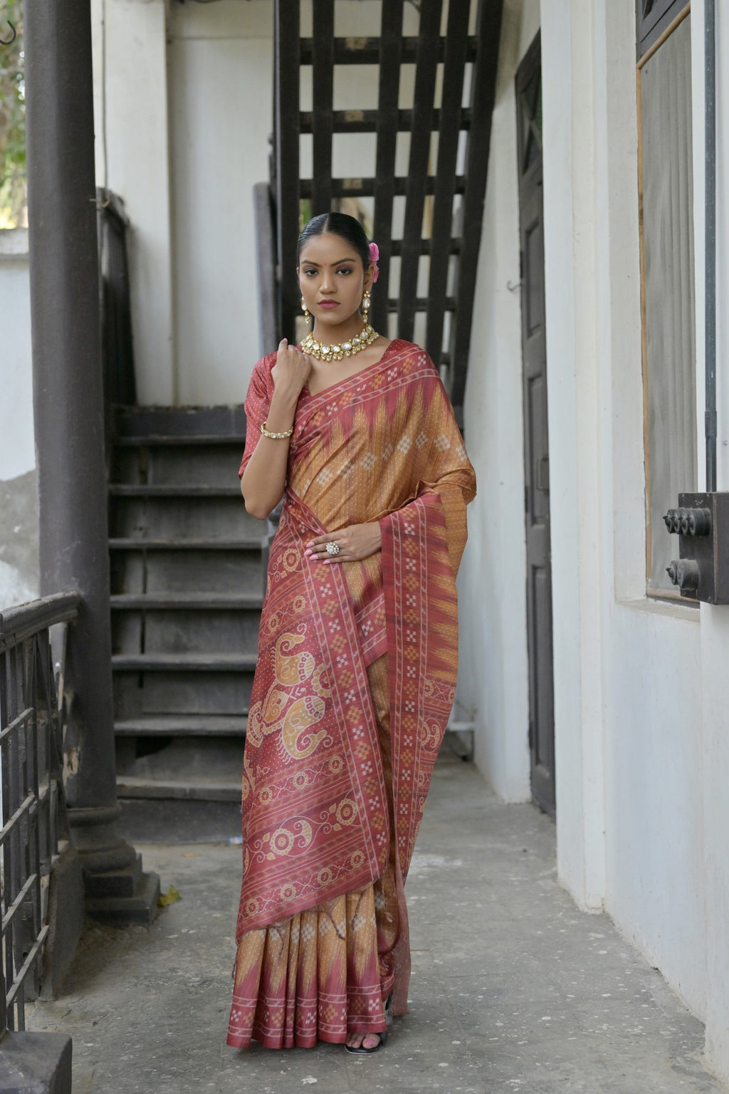 Mustard Soft Tussar Silk Temple Border Saree with Blouse