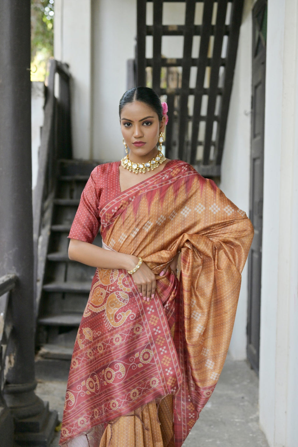 Mustard Soft Tussar Silk Temple Border Saree with Blouse