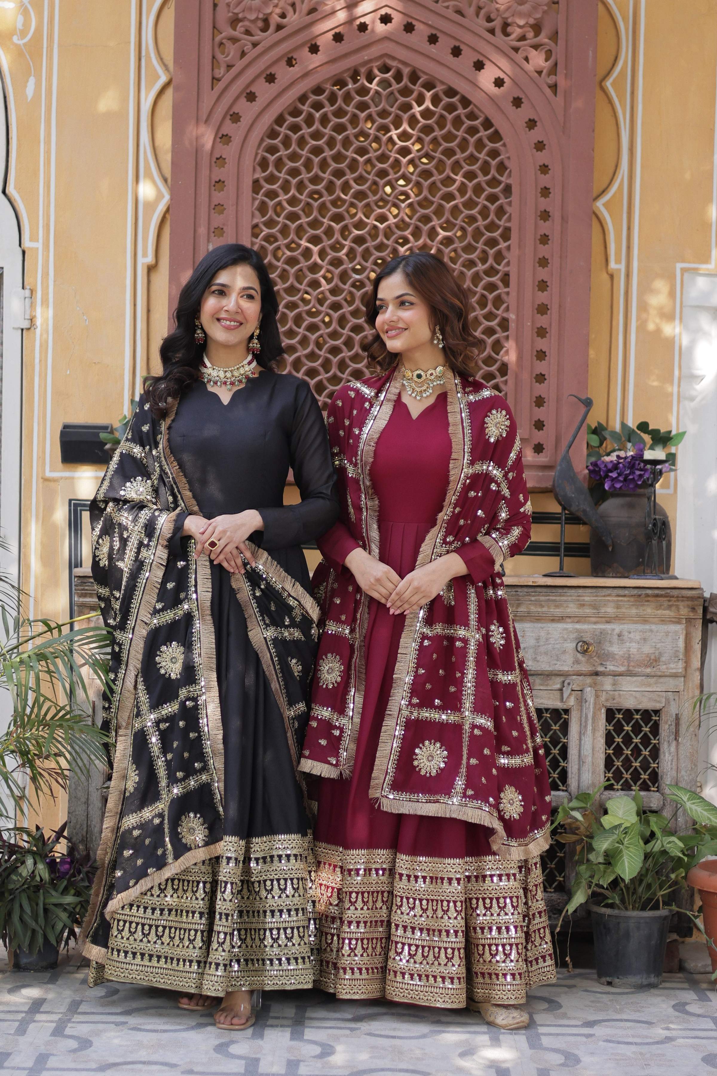 Black and maroon star georgette Anarkali with intricate sequins and zari embroidery