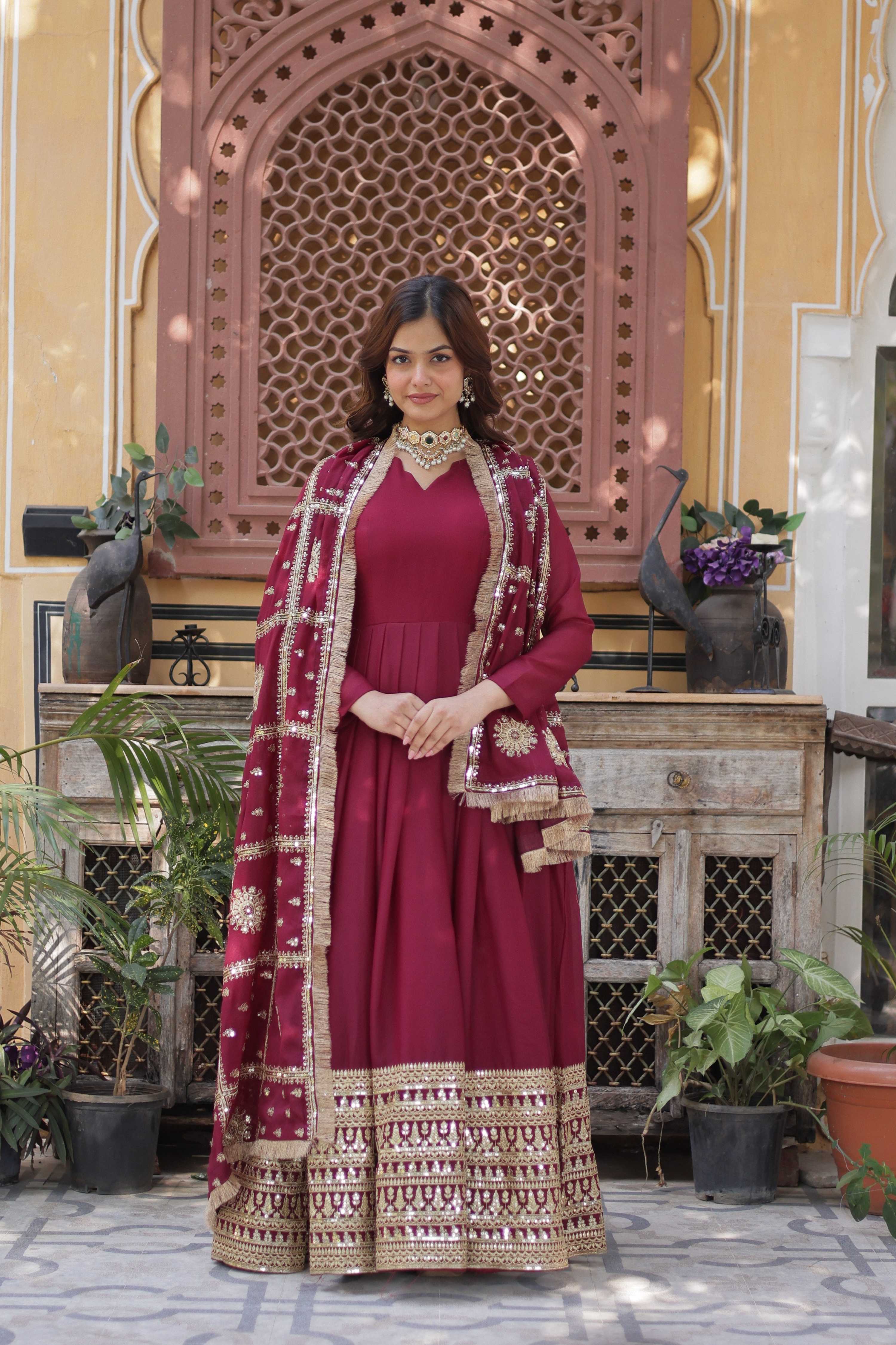 Maroon star georgette long Anarkali dress with sequins and zari embroidery