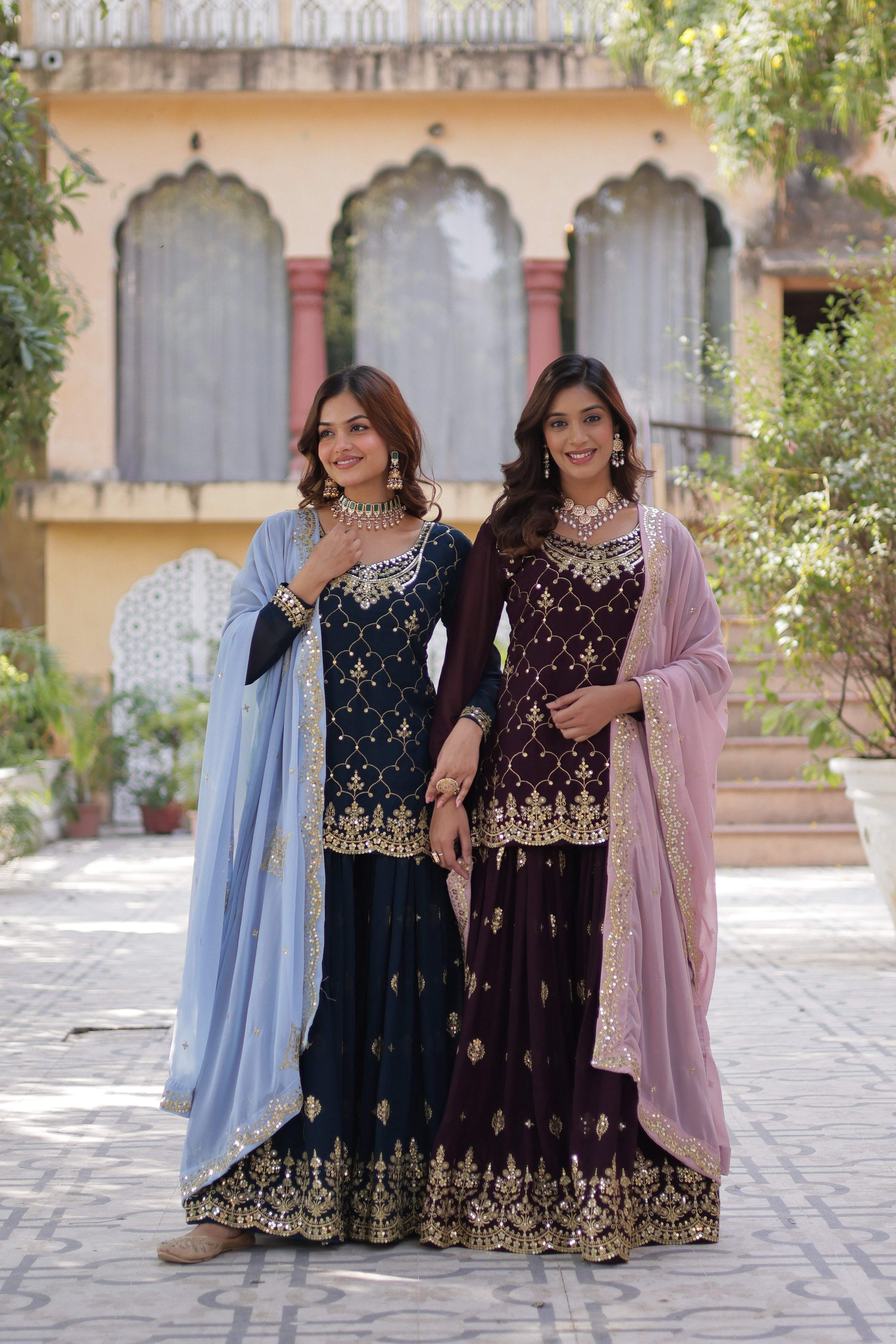 Woman wearing a Rama and Wine Faux Blooming Sharara set with sequins embroidery