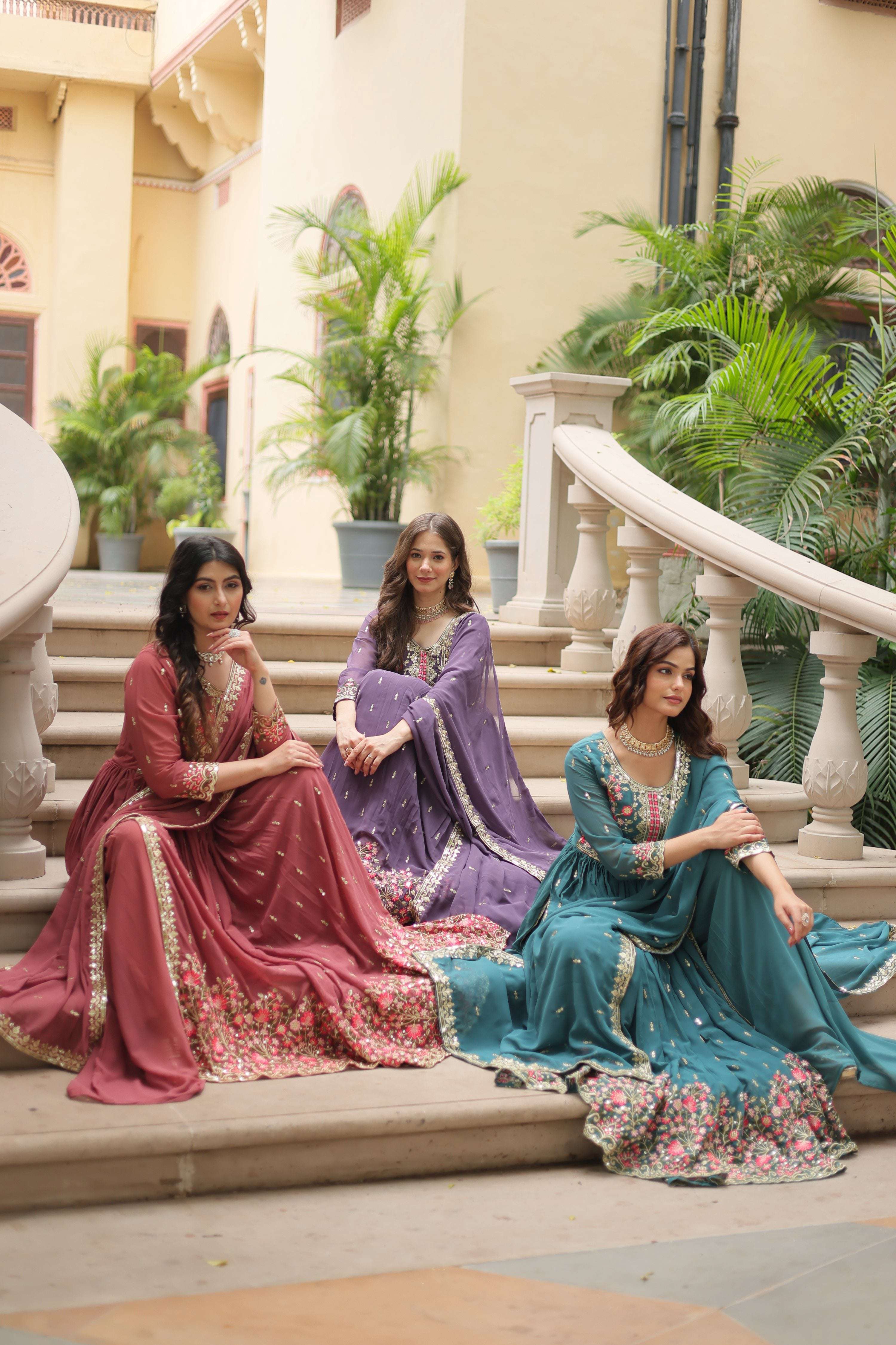 Purple, Gajri & Rama Faux Georgette Sequins Anarkali Set