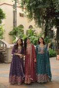 Purple, Gajri and Rama Faux Georgette A-line Anarkali set with sequins embroidery