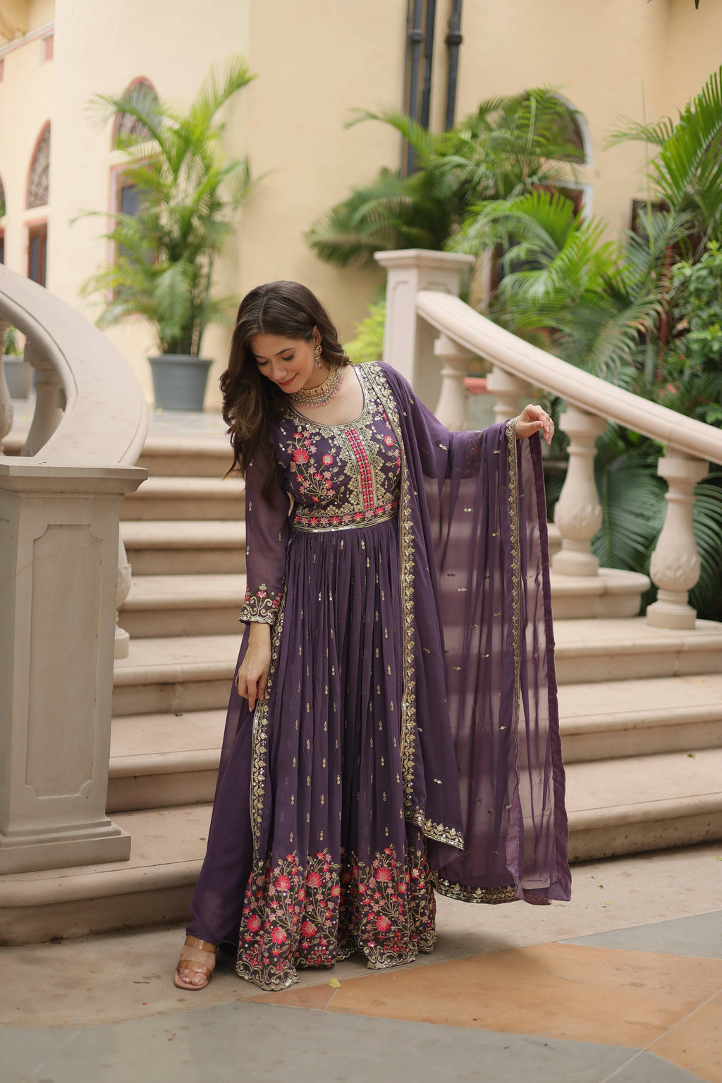 Purple Faux Georgette Anarkali Set with Rich Sequins Work