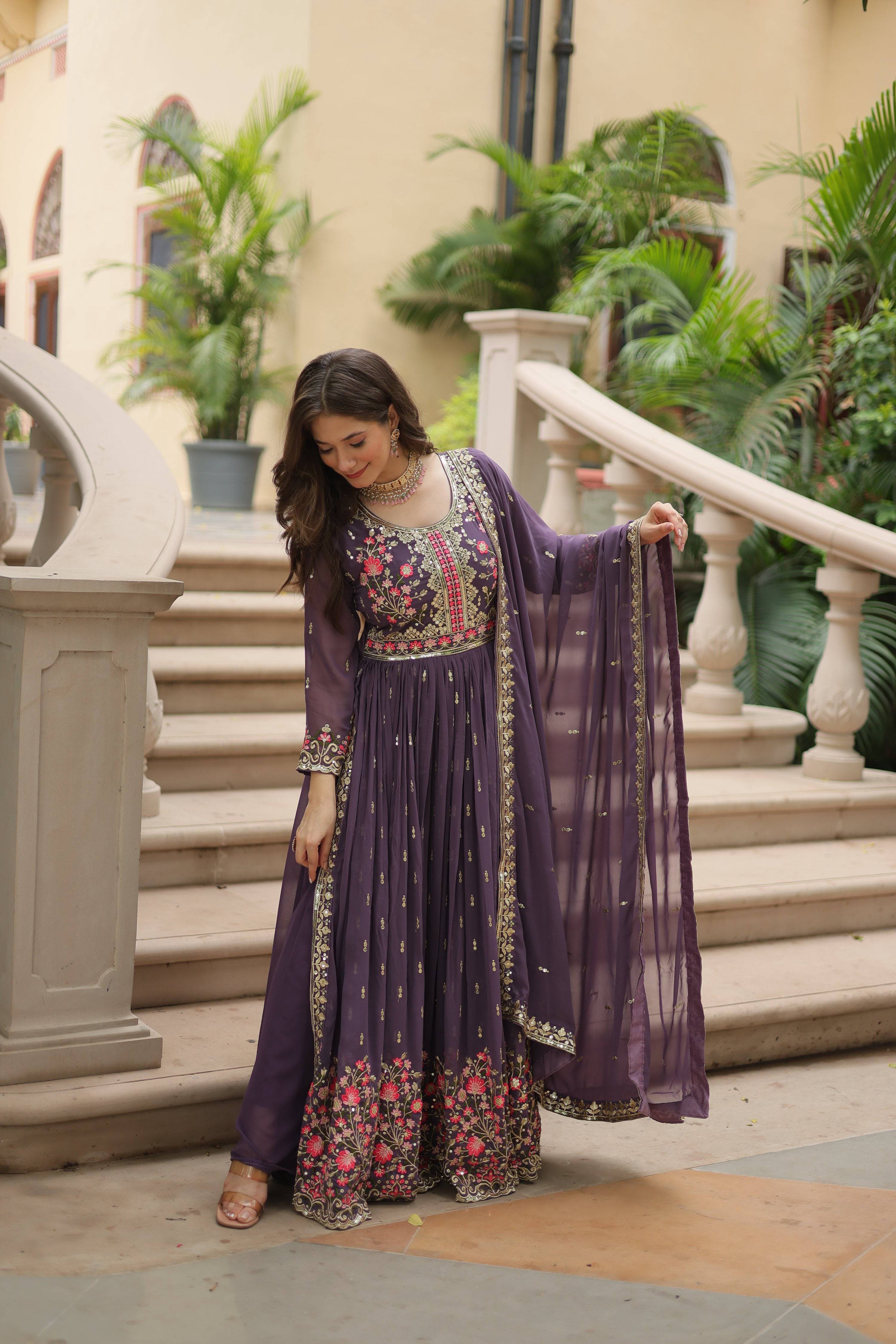 Purple Faux Georgette Anarkali Set with Rich Sequins Work