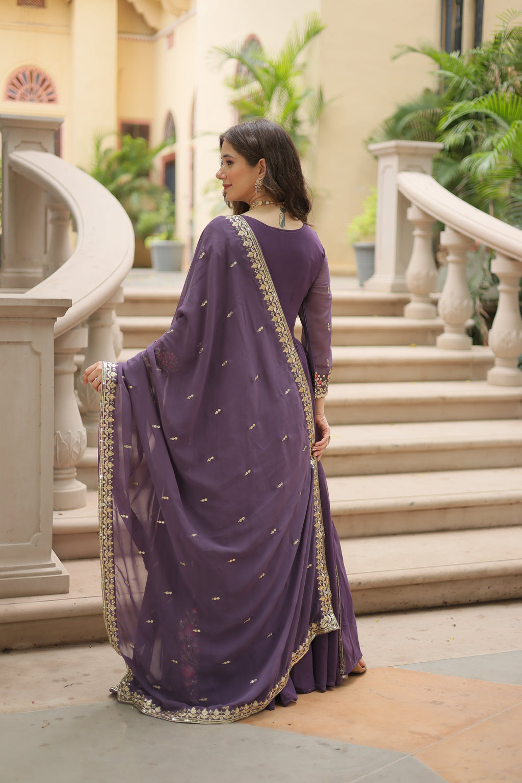 Purple Faux Georgette Anarkali Set with Rich Sequins Work