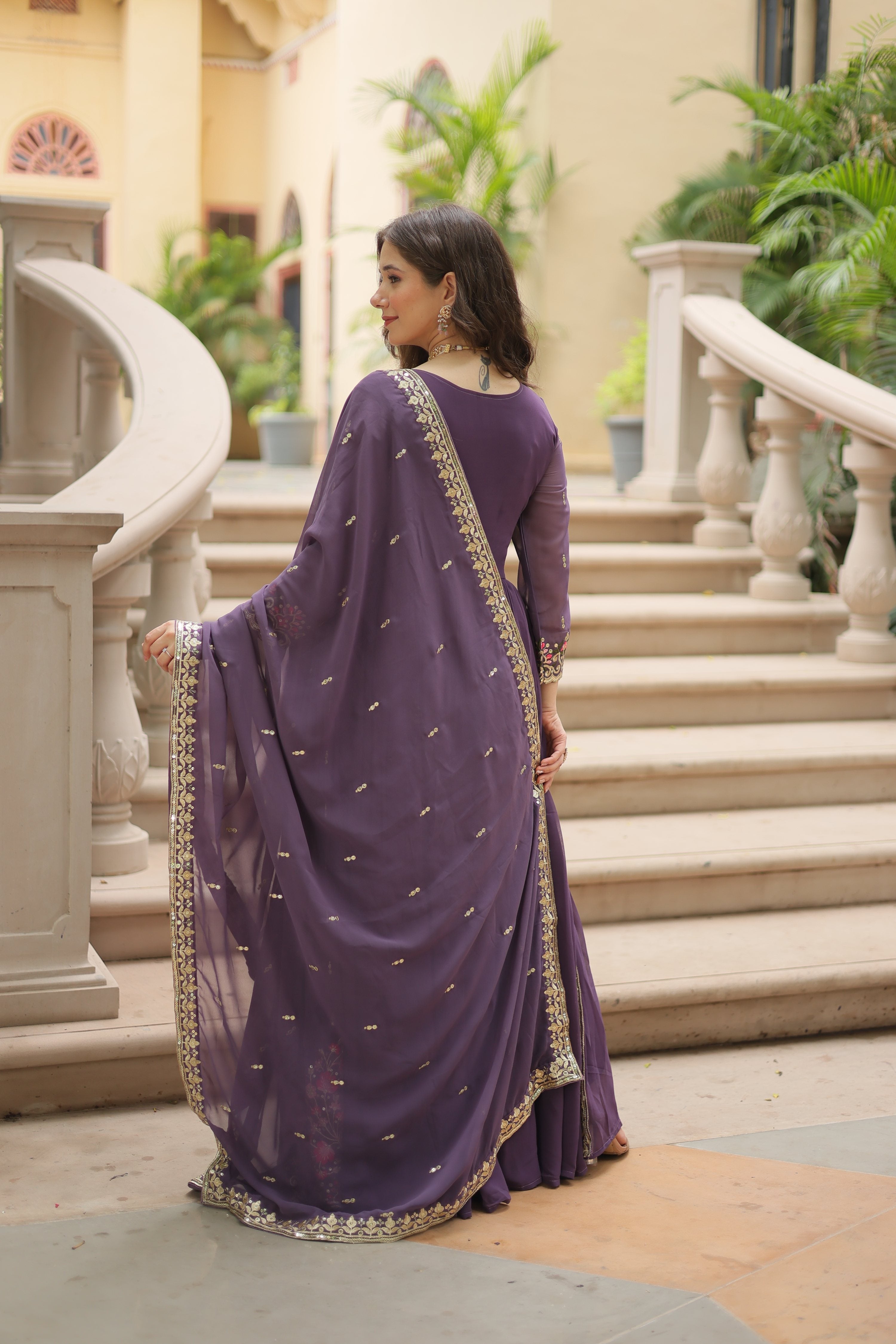 Purple Faux Georgette Anarkali Set with Rich Sequins Work