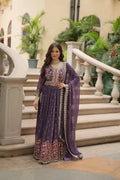 Purple Faux Georgette Anarkali set featuring rich sequins embroidery