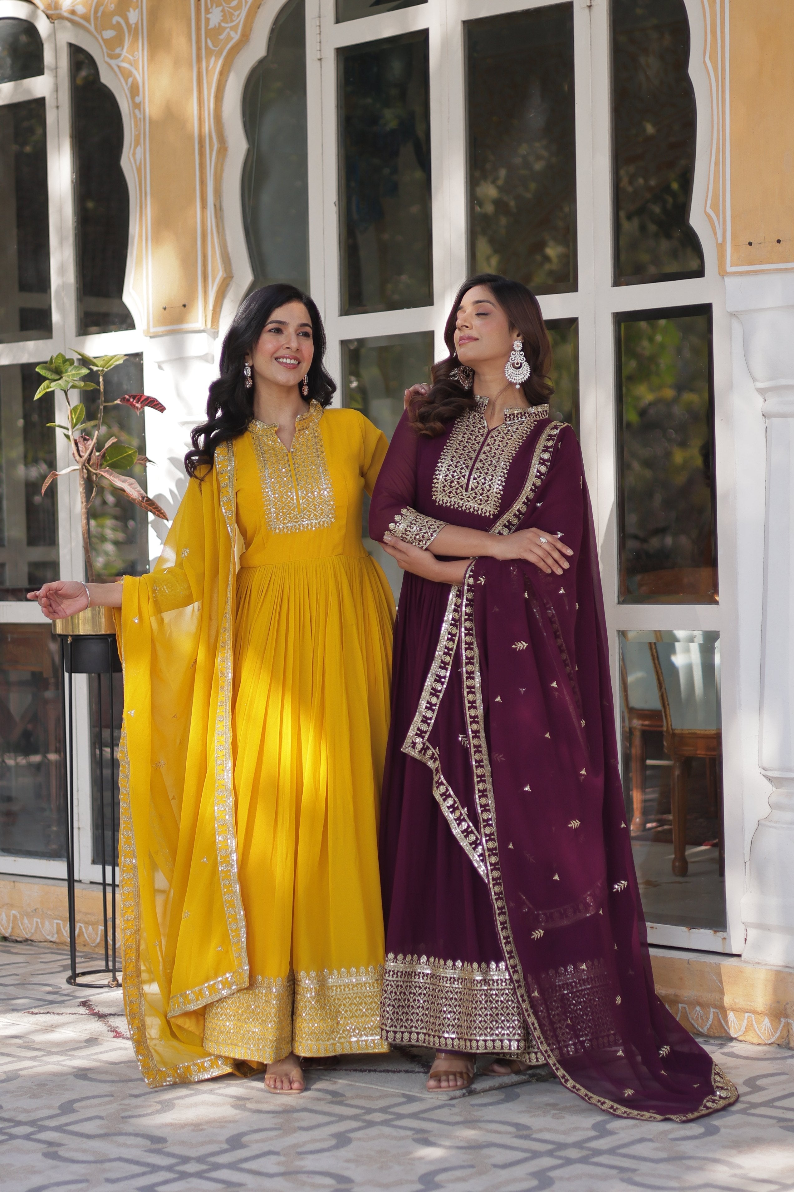Yellow & Wine Embroidered Faux Georgette Anarkali Set with Dupatta