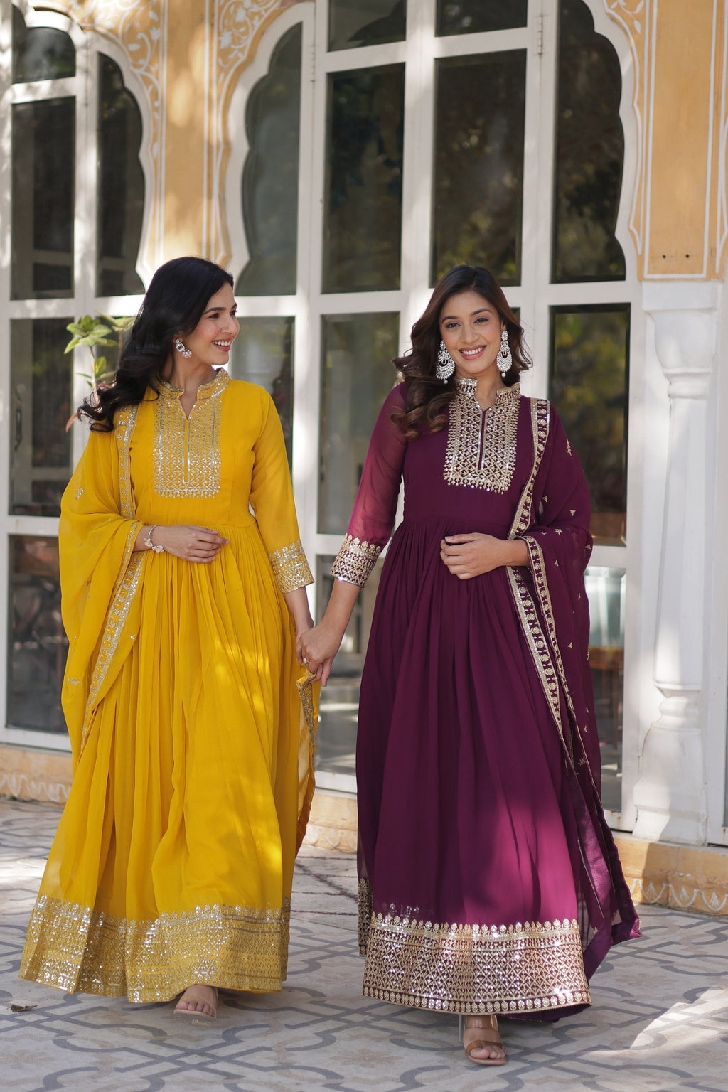 Yellow & Wine Embroidered Faux Georgette Anarkali Set with Dupatta