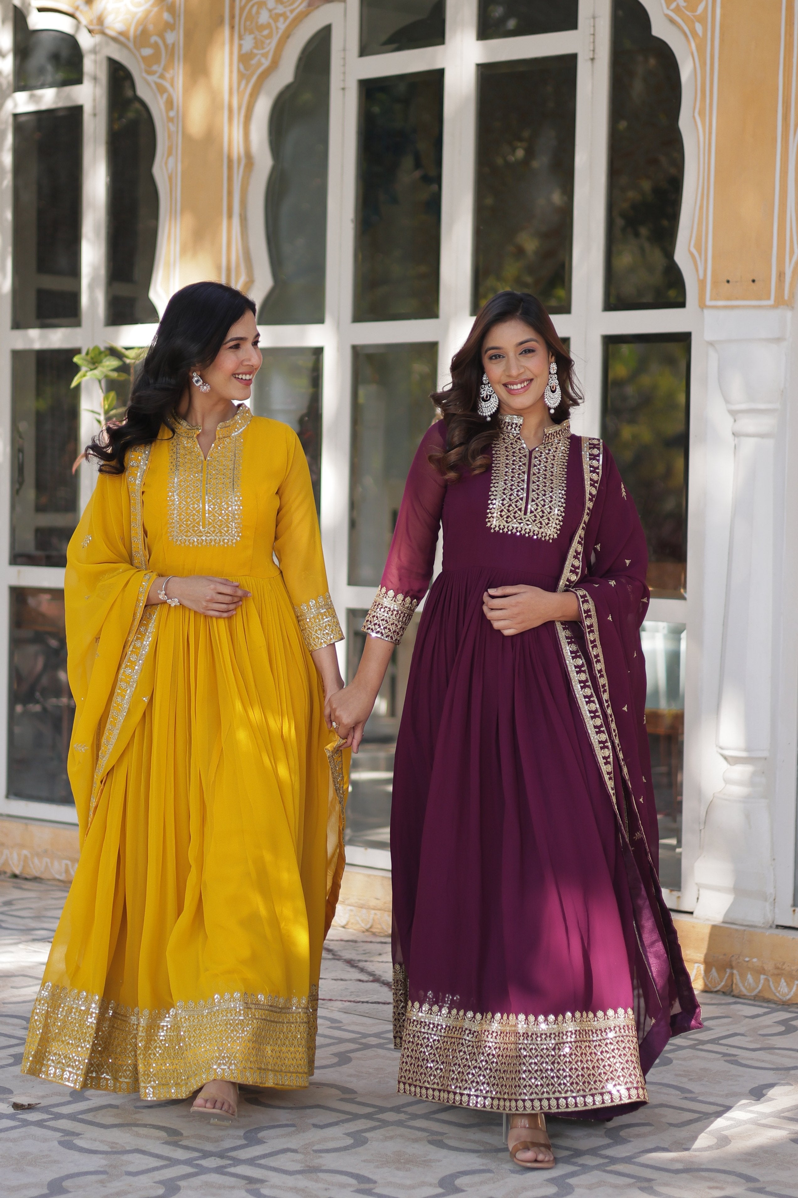 Yellow & Wine Embroidered Faux Georgette Anarkali Set with Dupatta