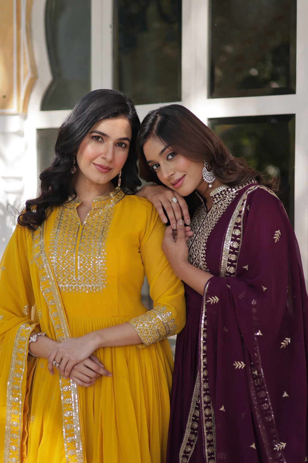 Yellow & Wine Embroidered Faux Georgette Anarkali Set with Dupatta