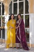 Yellow and Wine Faux Georgette Anarkali set with rich sequins embroidery and matching dupatta