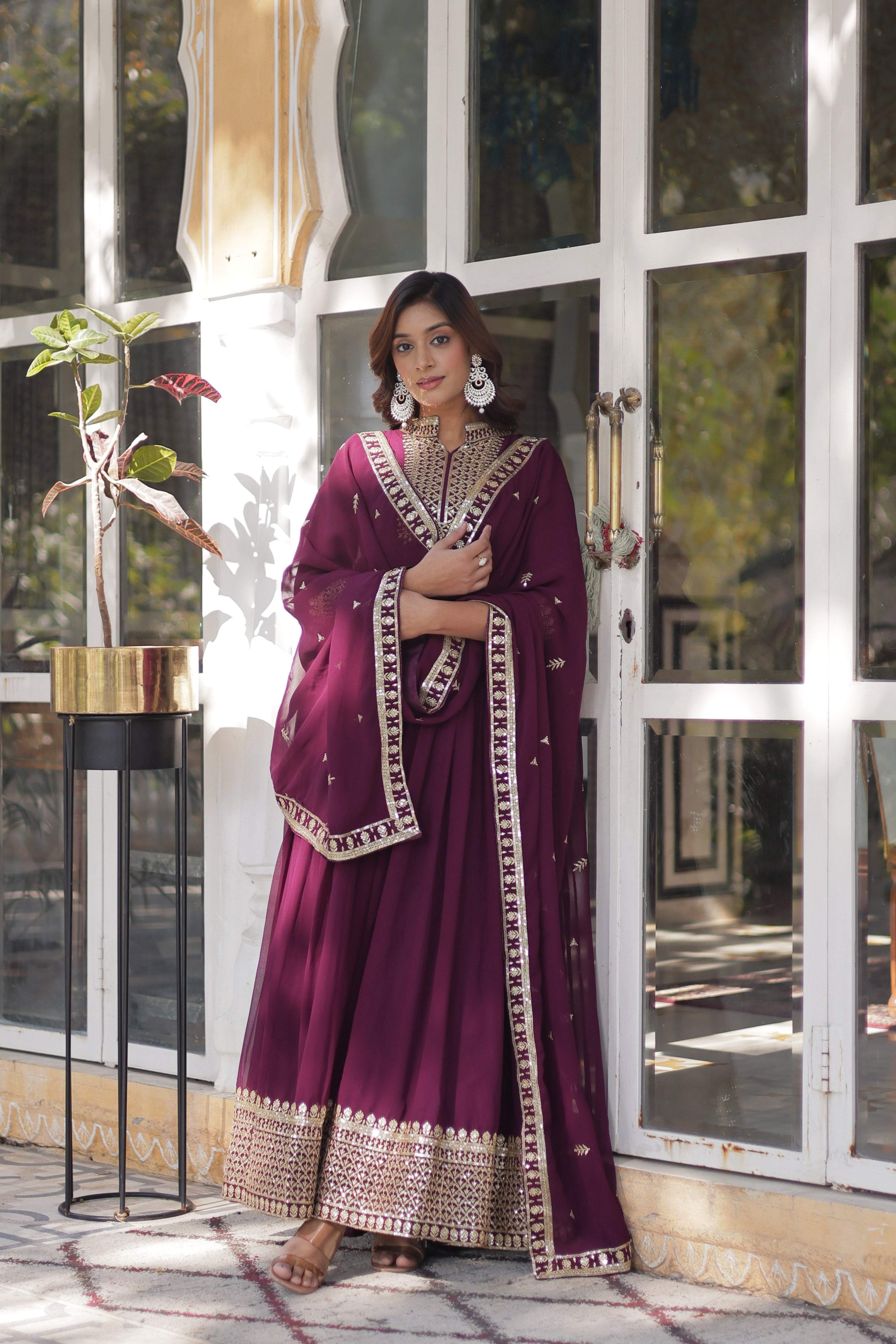 Jyoti Fashion Women's Wine Faux Georgette Rich Sequins Embroidered Anarkali Set with Dupatta