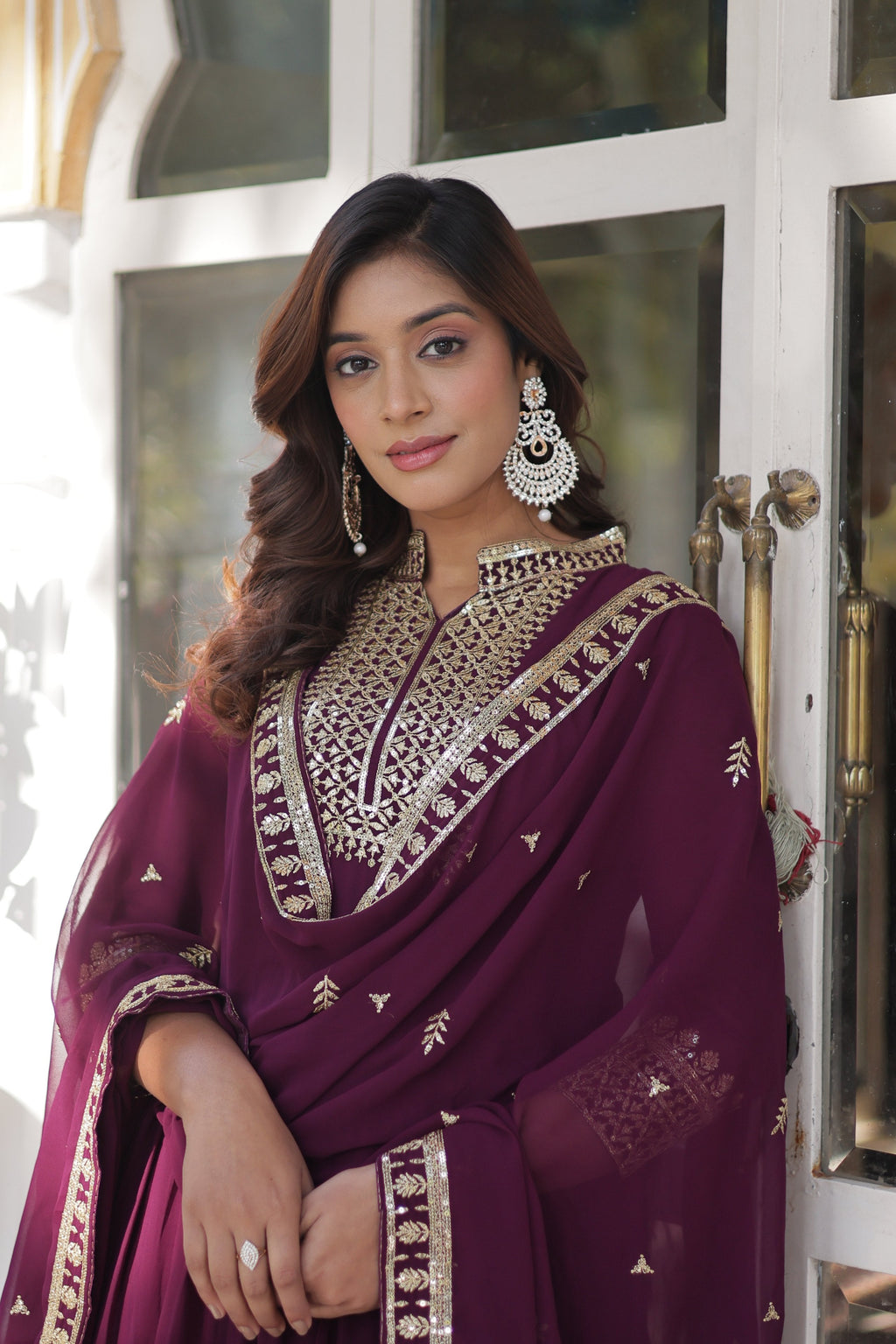 Jyoti Fashion Women's Wine Faux Georgette Rich Sequins Embroidered Anarkali Set with Dupatta