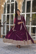 Jyoti Fashion Women's Wine Faux Georgette Rich Sequins Embroidered Anarkali Set with Dupatta