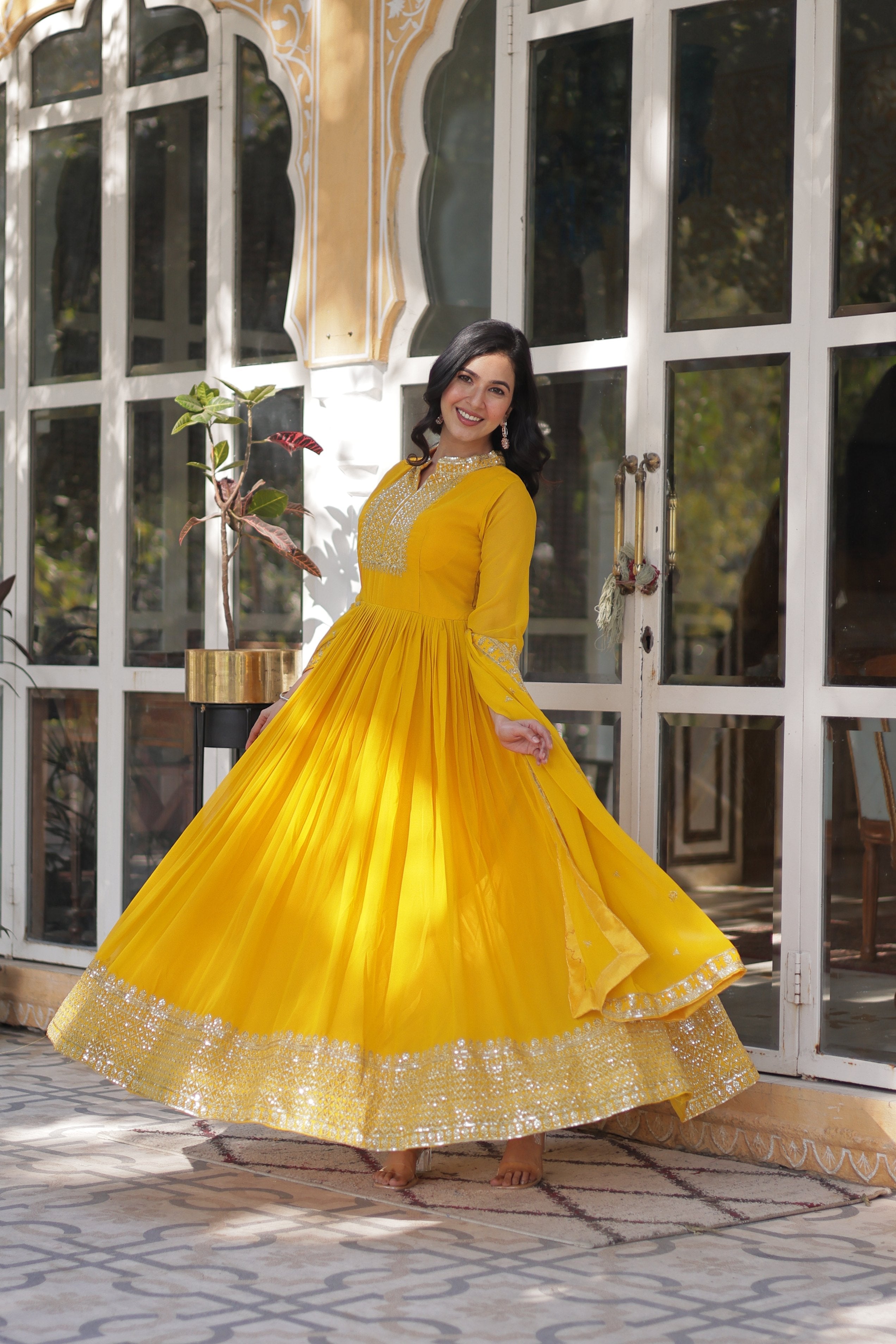 Women's Yellow Faux Georgette Sequins Embroidered Anarkali Set
