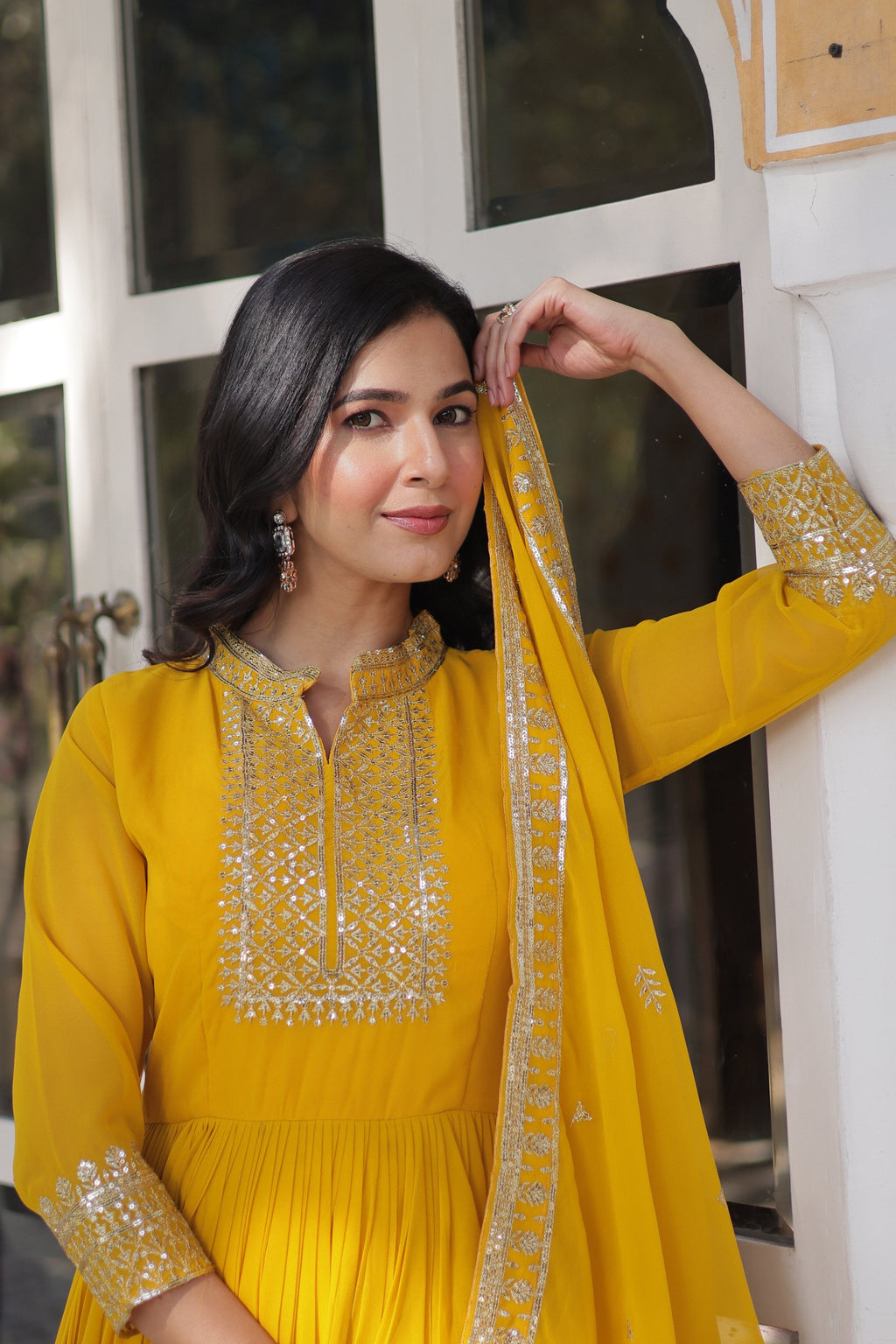 Women's Yellow Faux Georgette Sequins Embroidered Anarkali Set