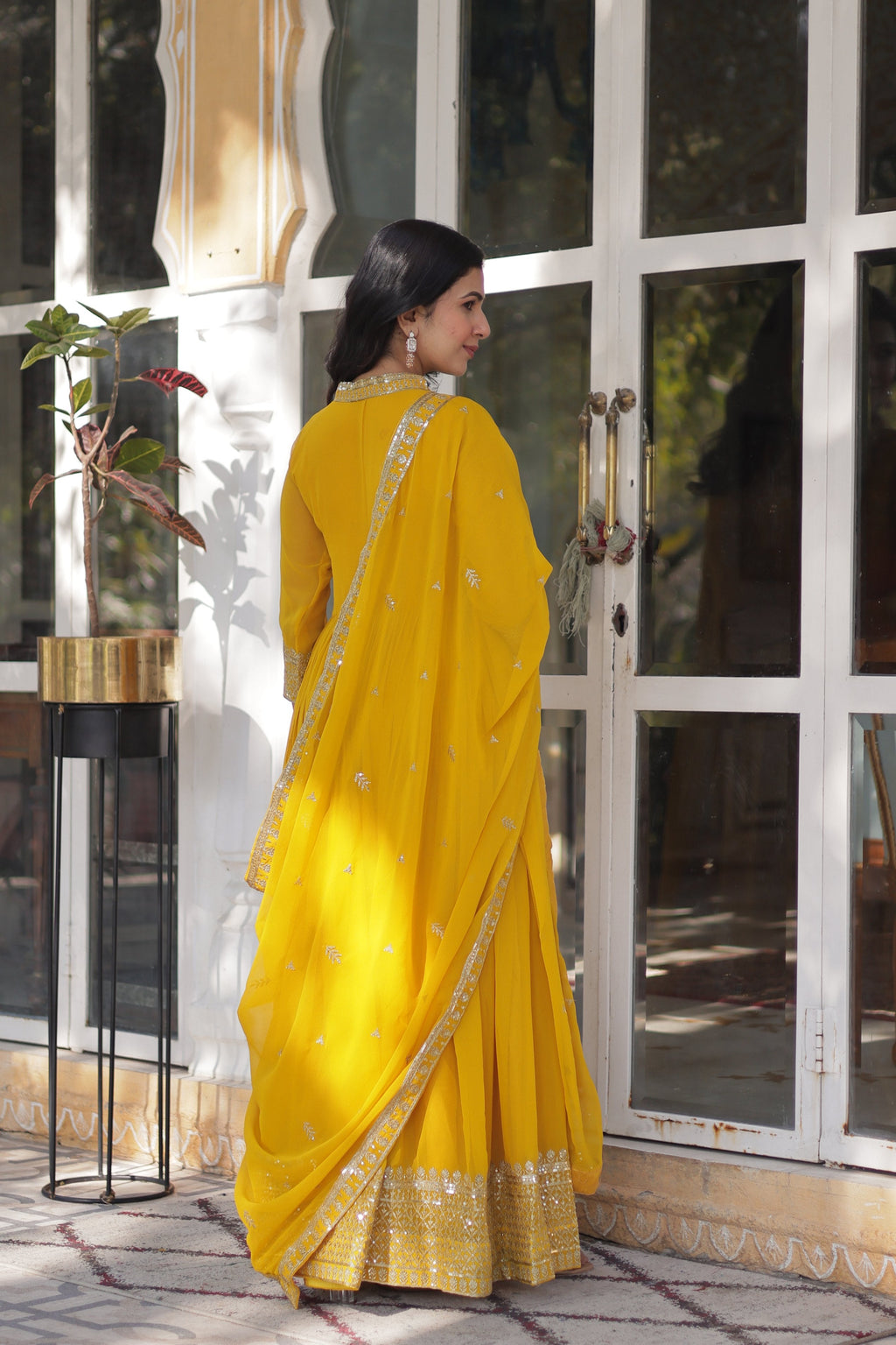 Women's Yellow Faux Georgette Sequins Embroidered Anarkali Set