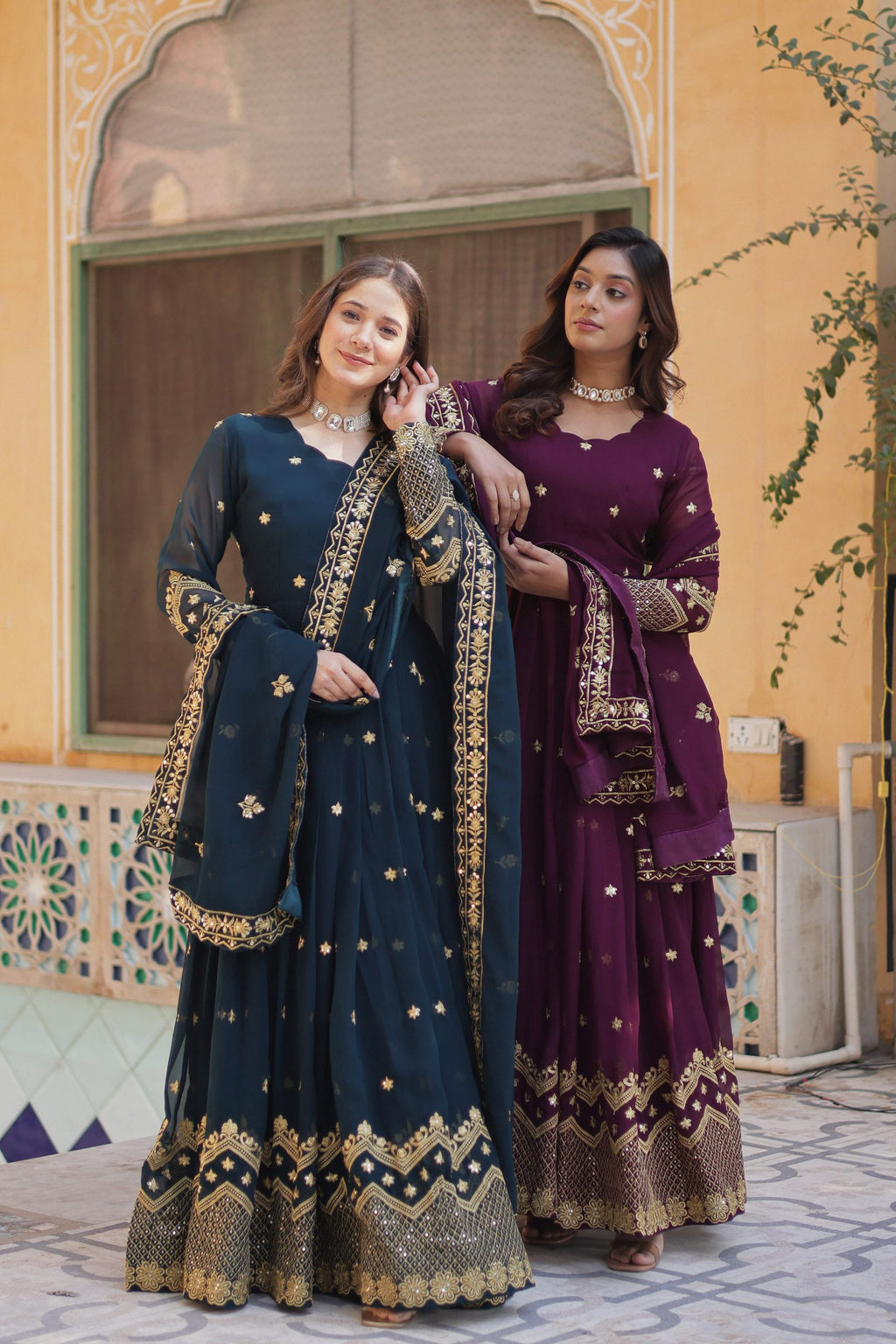 Rama & Wine Faux Georgette Sequins Embroidered Anarkali Set