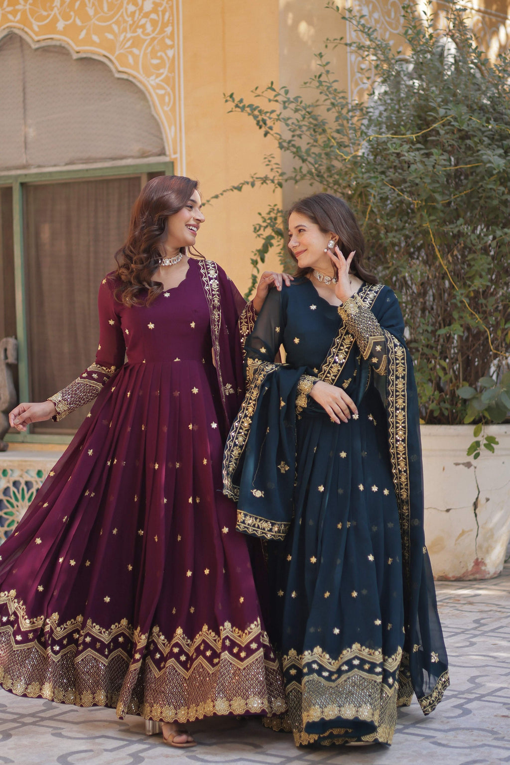 Rama & Wine Faux Georgette Sequins Embroidered Anarkali Set