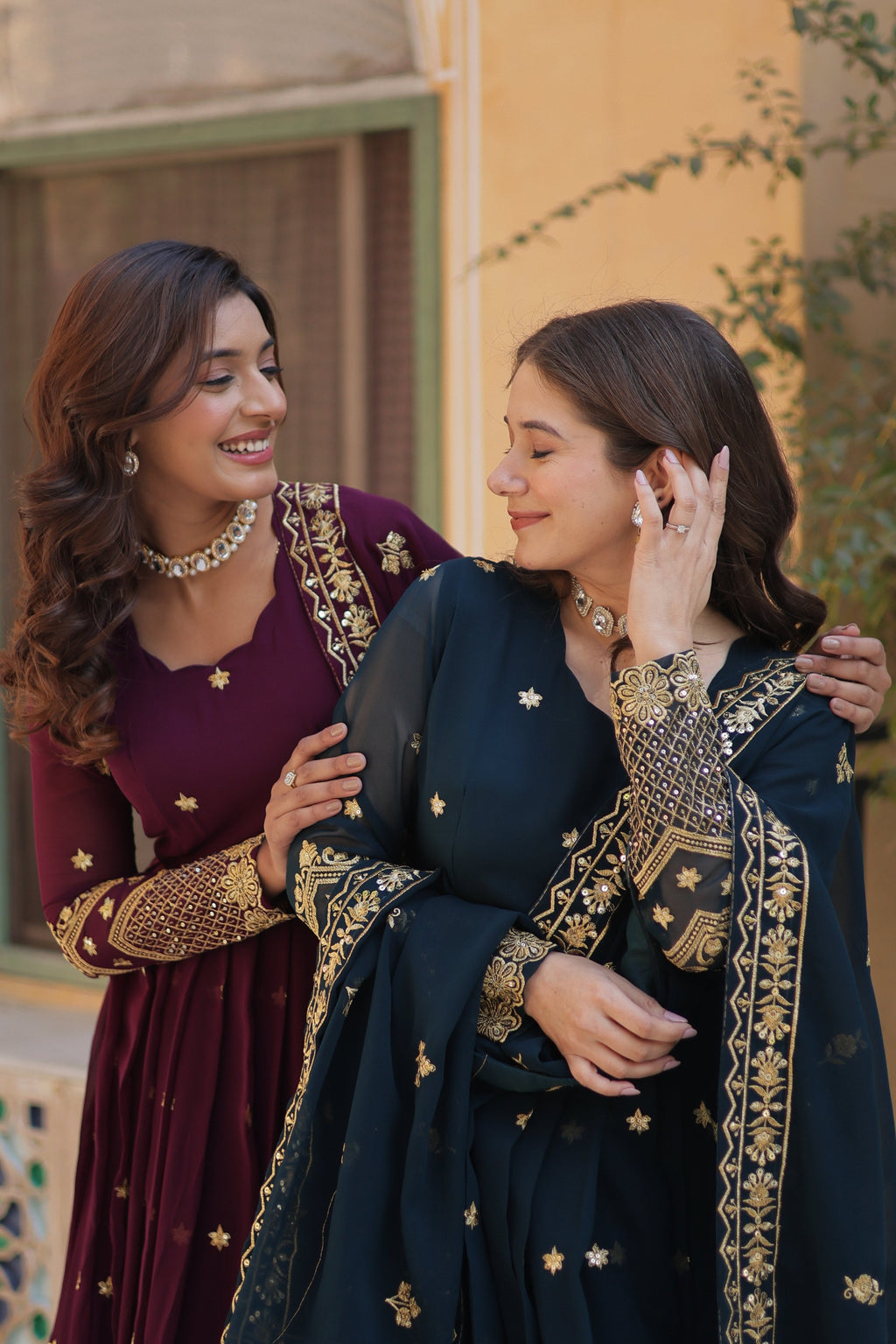 Rama & Wine Faux Georgette Sequins Embroidered Anarkali Set