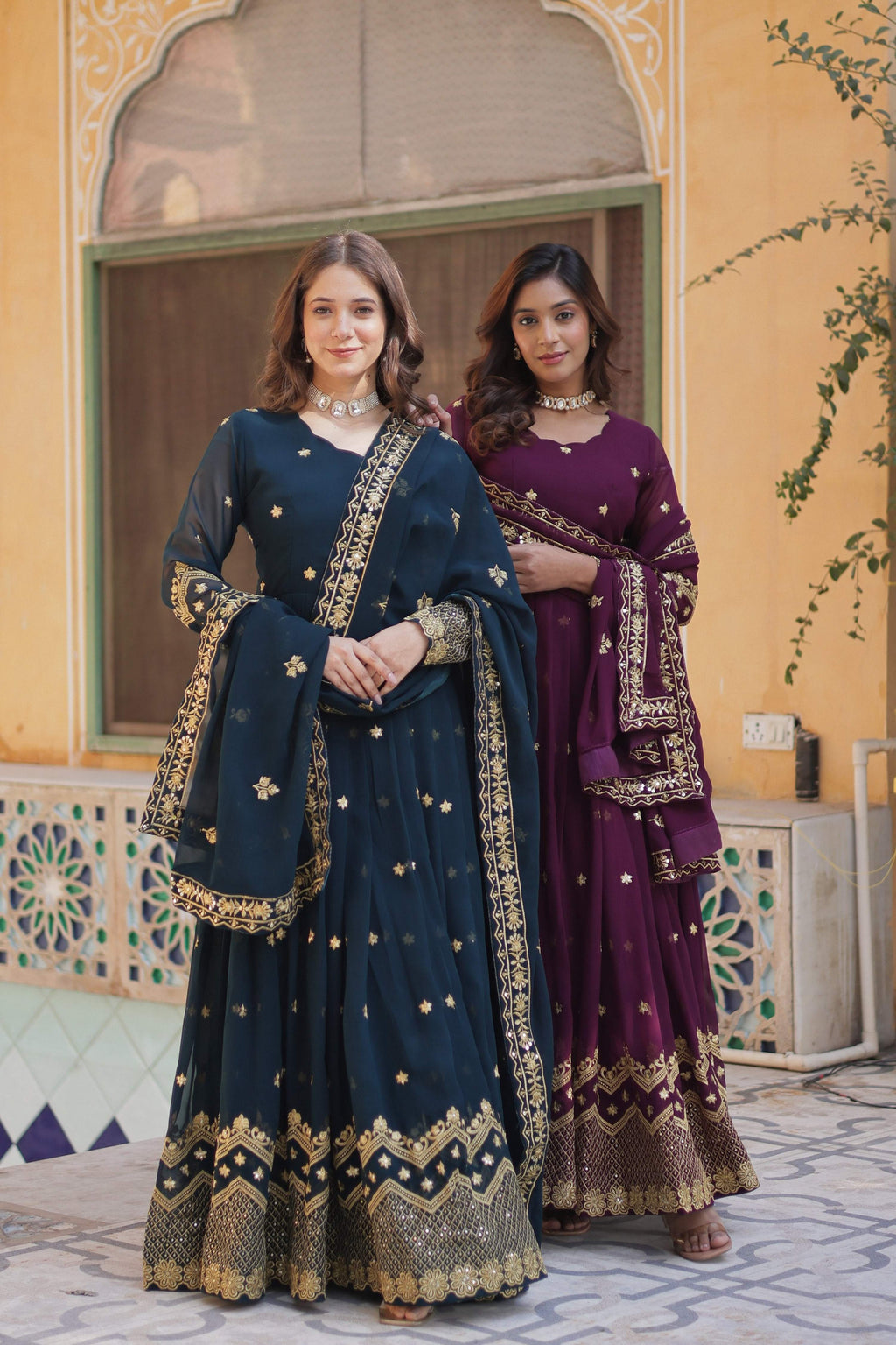Rama and Wine Faux Georgette A-line Anarkali set with zari and sequins embroidery and matching dupatta