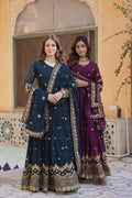 Rama and Wine Faux Georgette A-line Anarkali set with zari and sequins embroidery and matching dupatta