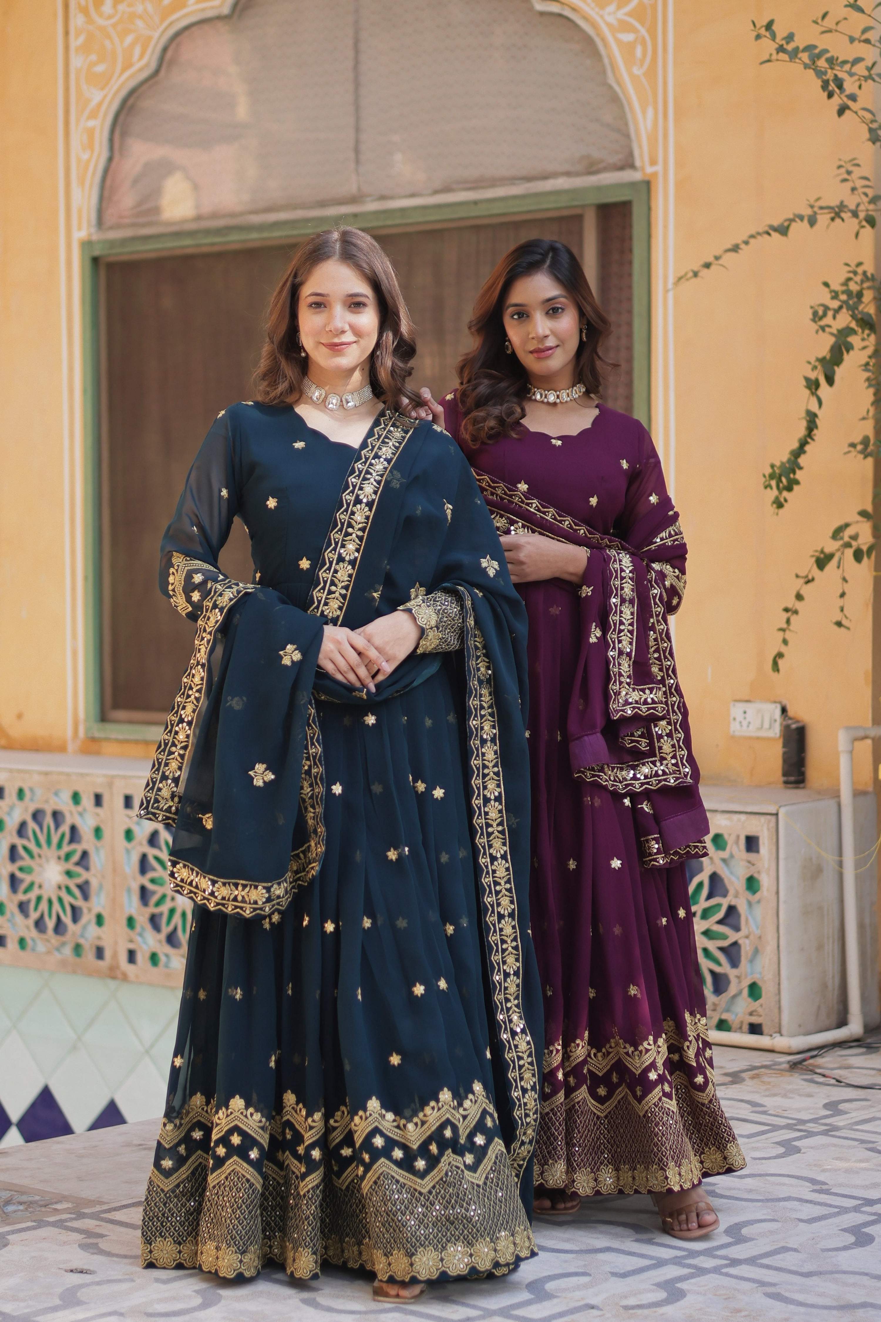 Rama and Wine Faux Georgette A-line Anarkali set with zari and sequins embroidery and matching dupatta