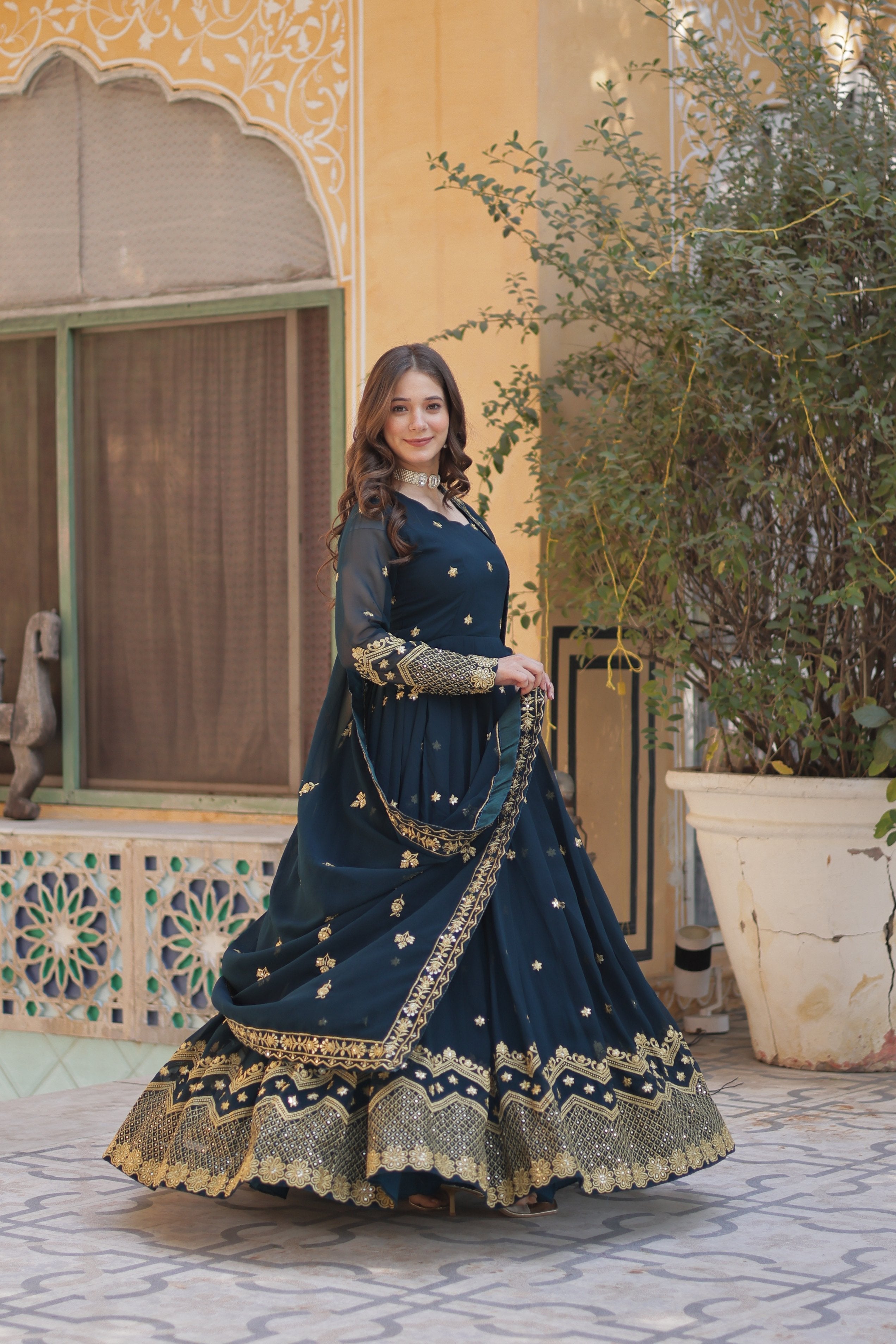 Jyoti Fashion Women's Rama Faux Georgette Zari with Sequins Embroidered Anarkali Set with Dupatta