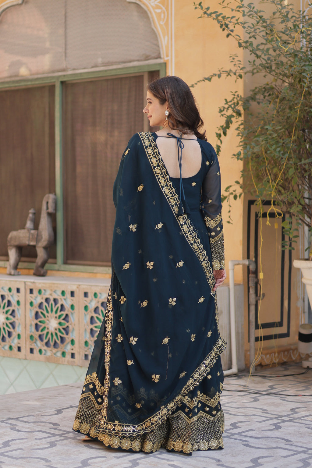 Jyoti Fashion Women's Rama Faux Georgette Zari with Sequins Embroidered Anarkali Set with Dupatta