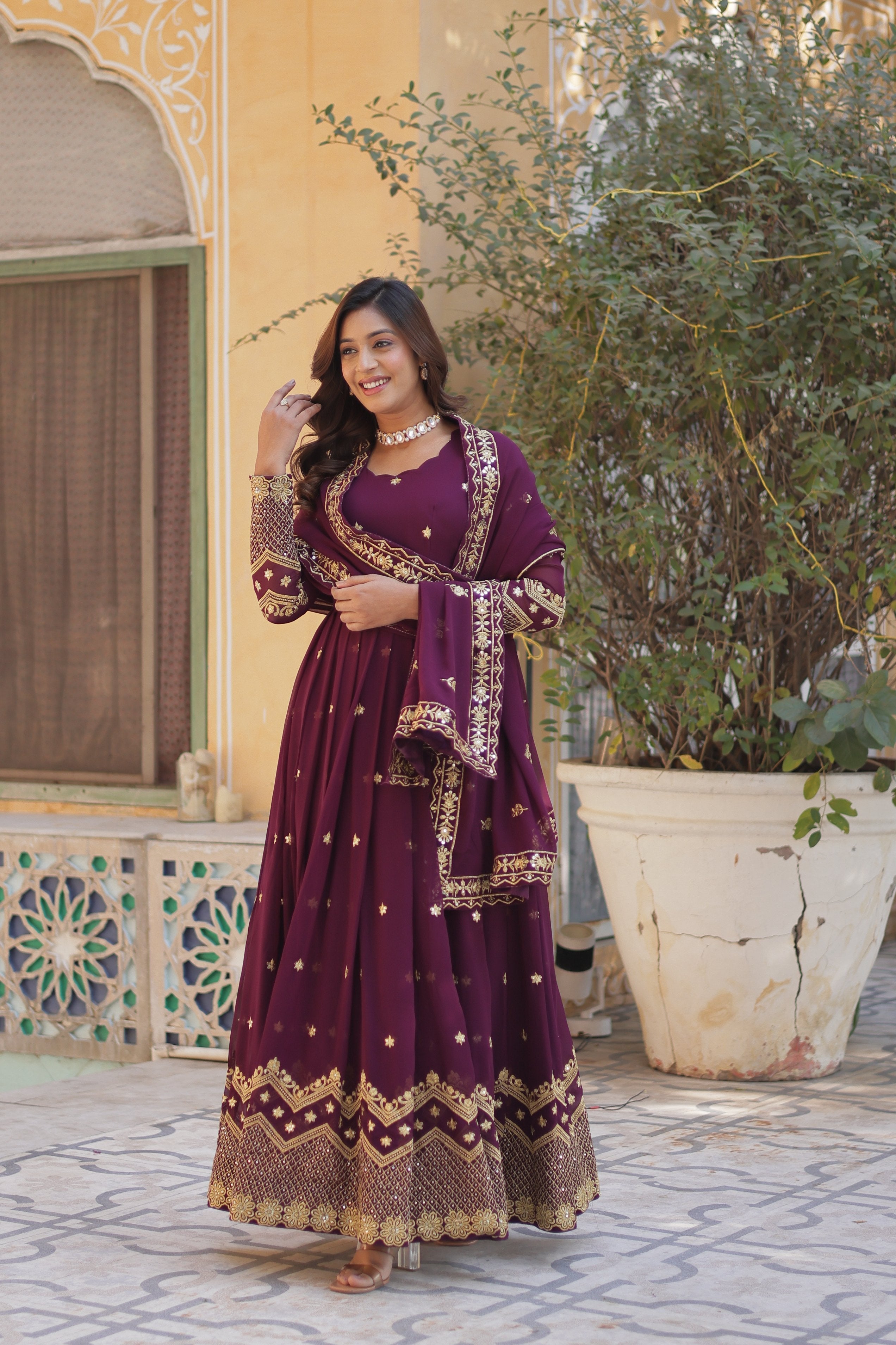Jyoti Fashion Women's Wine Faux Georgette Zari with Sequins Embroidered Anarkali Set with Dupatta