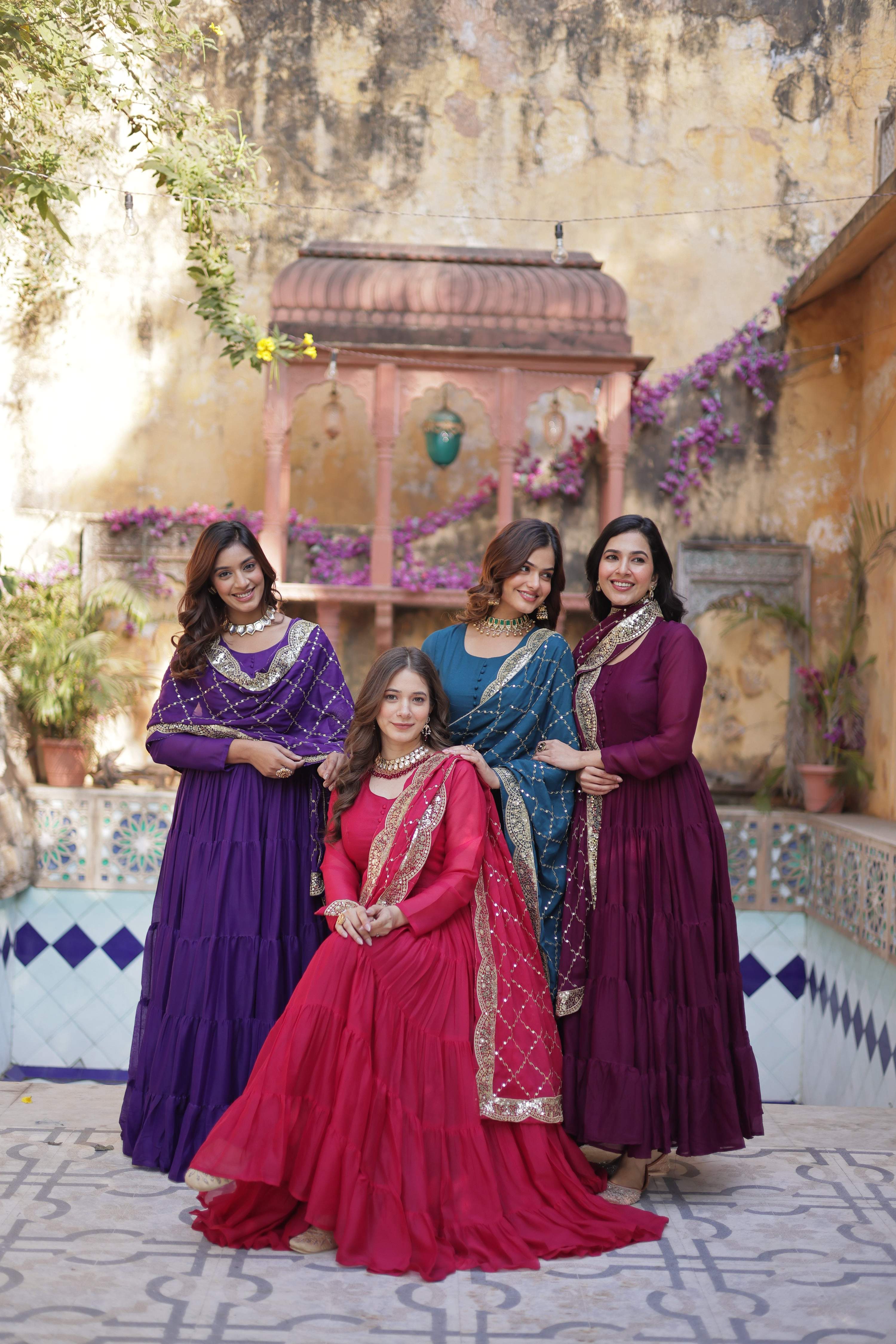 Multi-Color Star Georgette Sequins Embroidered Anarkali Combo Set