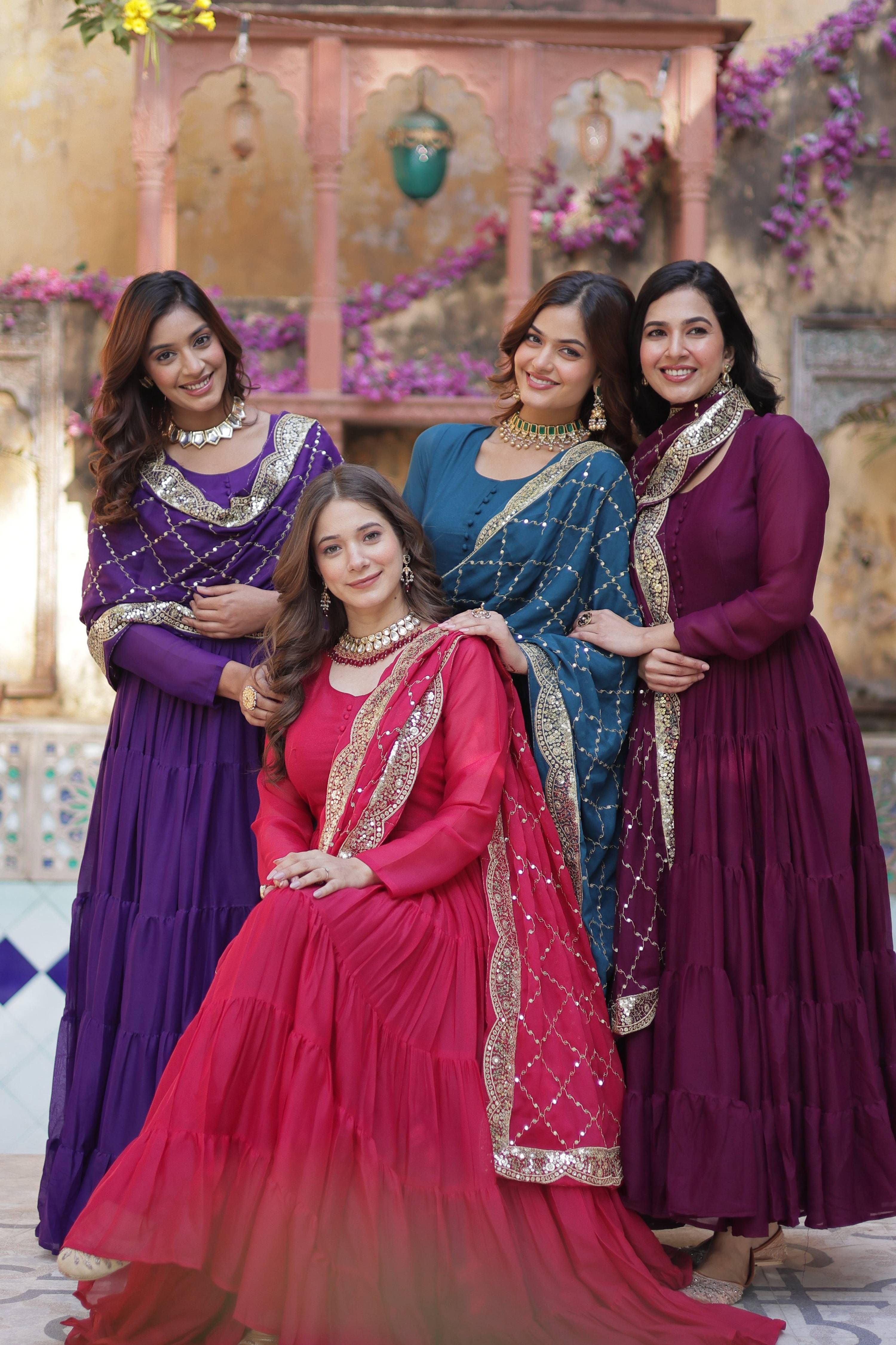 Multi-Color Star Georgette Sequins Embroidered Anarkali Combo Set