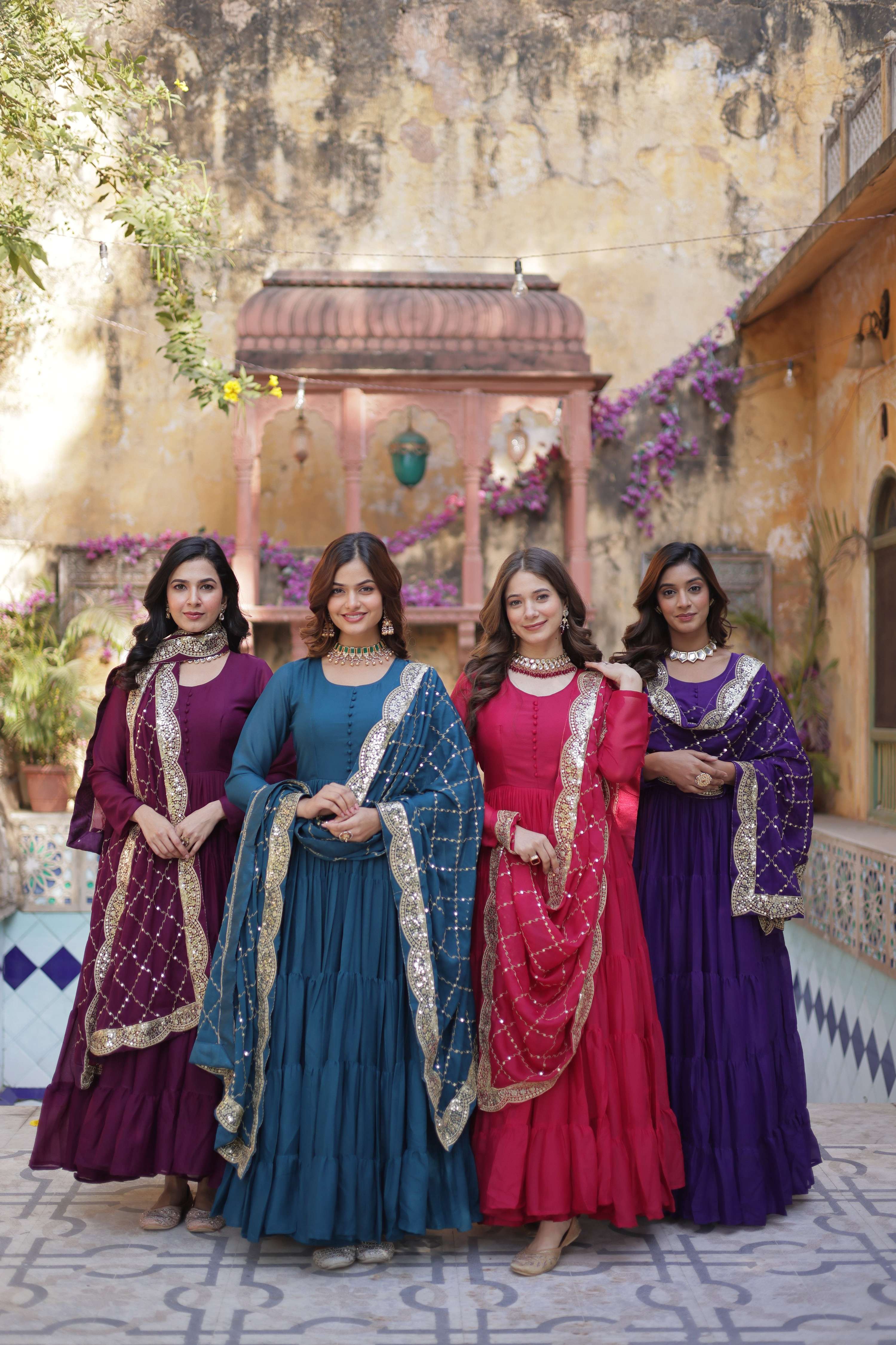 Combo set of four Anarkali dresses in Wine, Rama, Pink, and Jamuni with sequins embroidery
