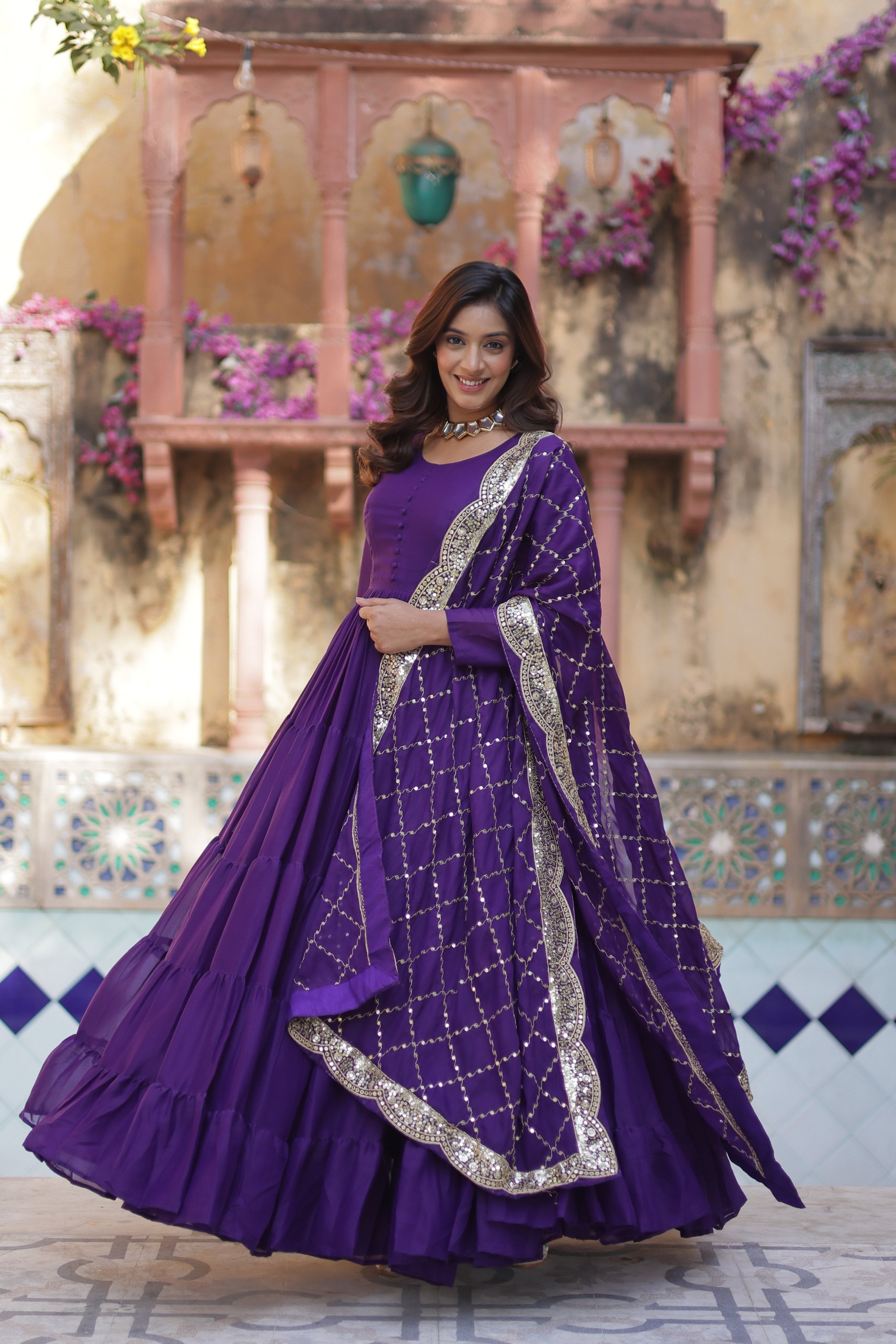 Jamuni Star Georgette Anarkali set with rich sequins embroidery and dupatta