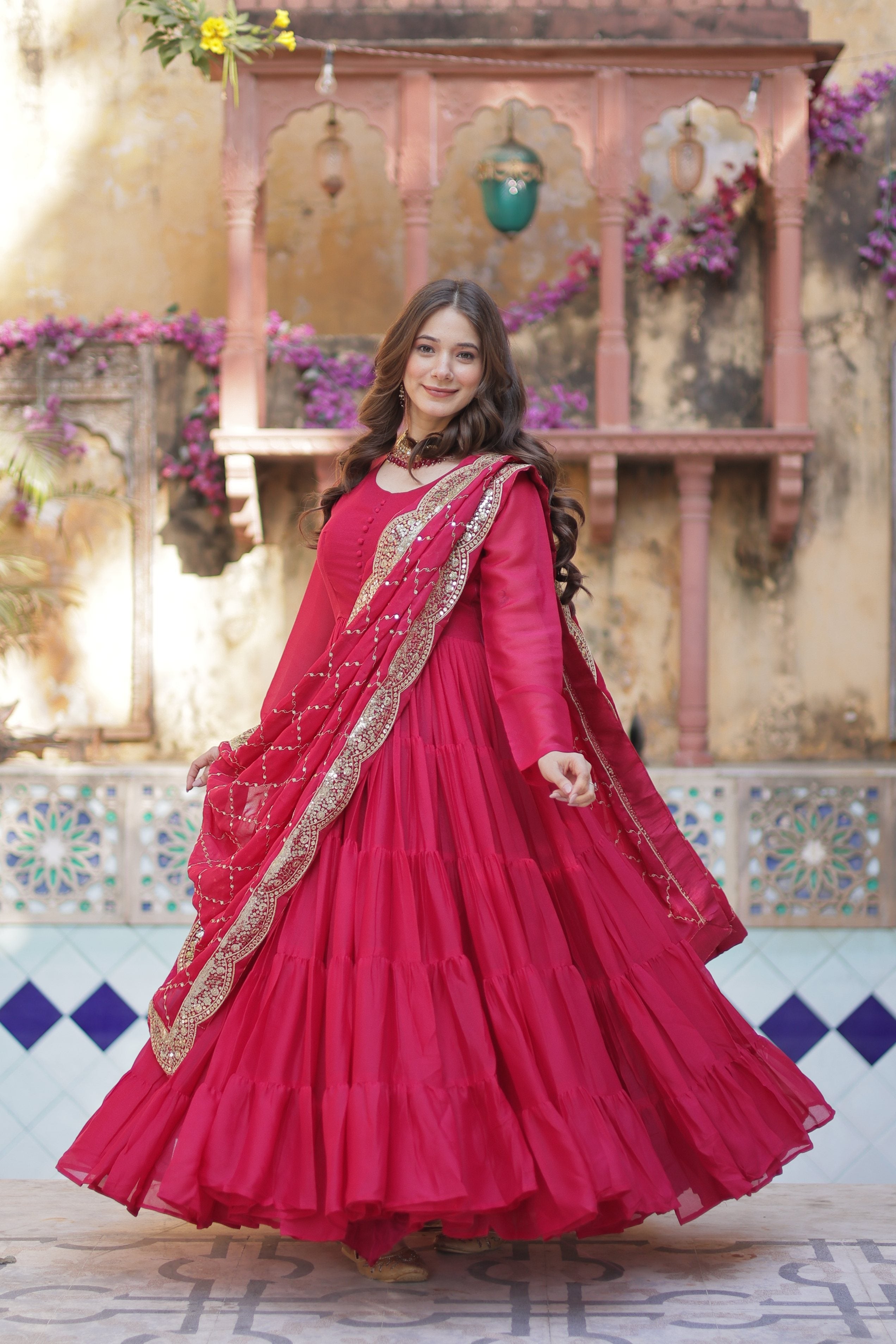 Pink Star Georgette Anarkali set with rich sequins embroidery and massive 15-meter flare