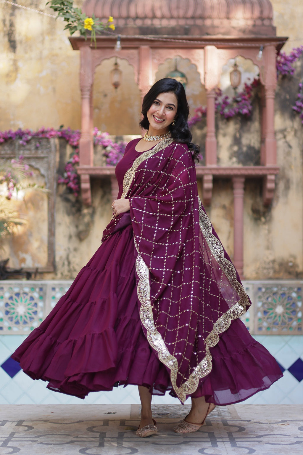 Wine Star Georgette Sequins Embroidered Anarkali Set