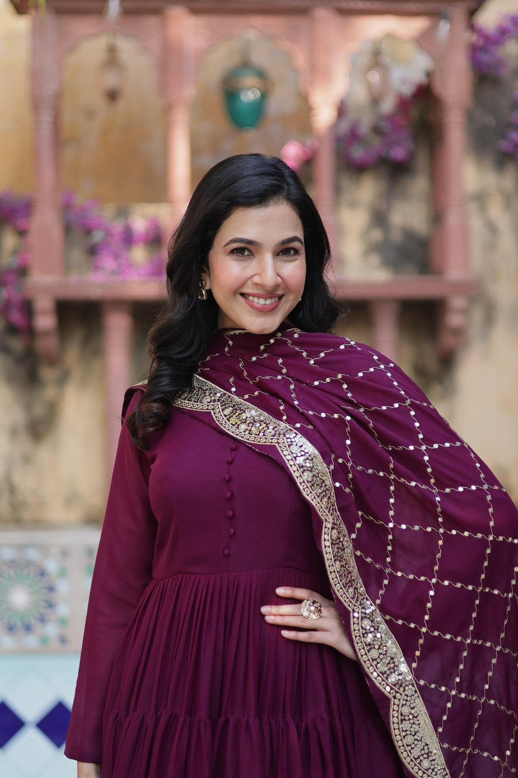 Wine Star Georgette Sequins Embroidered Anarkali Set