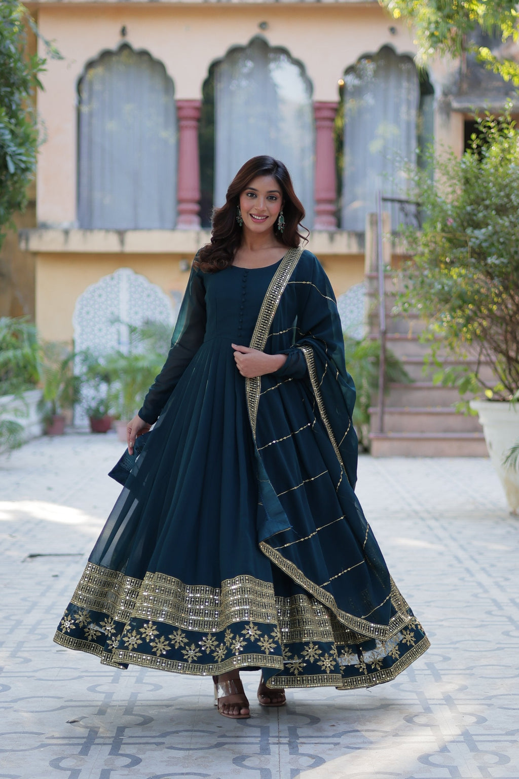 Rama Faux Blooming A-Line Anarkali set with multi-sequins embroidery and matching dupatta