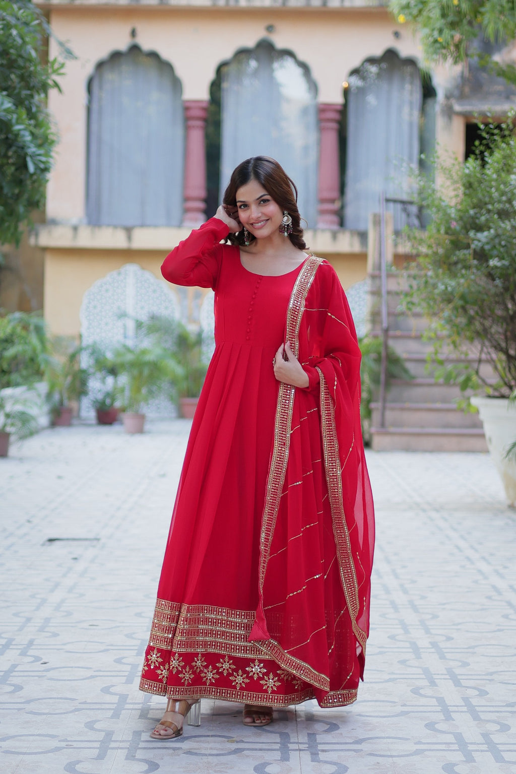 Red Faux Blooming Anarkali Set with Multi Sequins Embroidery