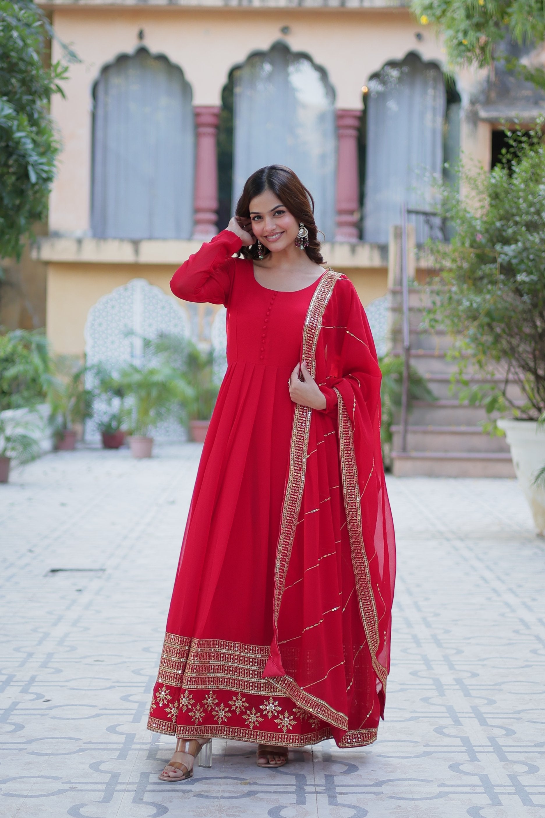 Red Faux Blooming Anarkali Set with Multi Sequins Embroidery