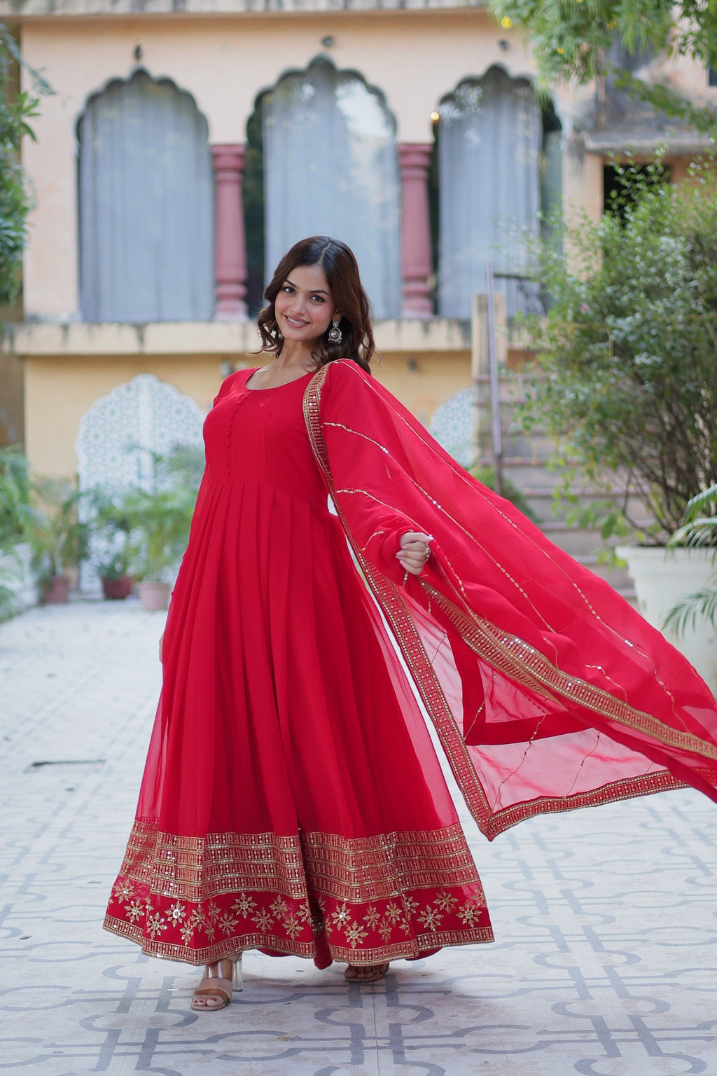 Red Faux Blooming Anarkali Set with Multi Sequins Embroidery