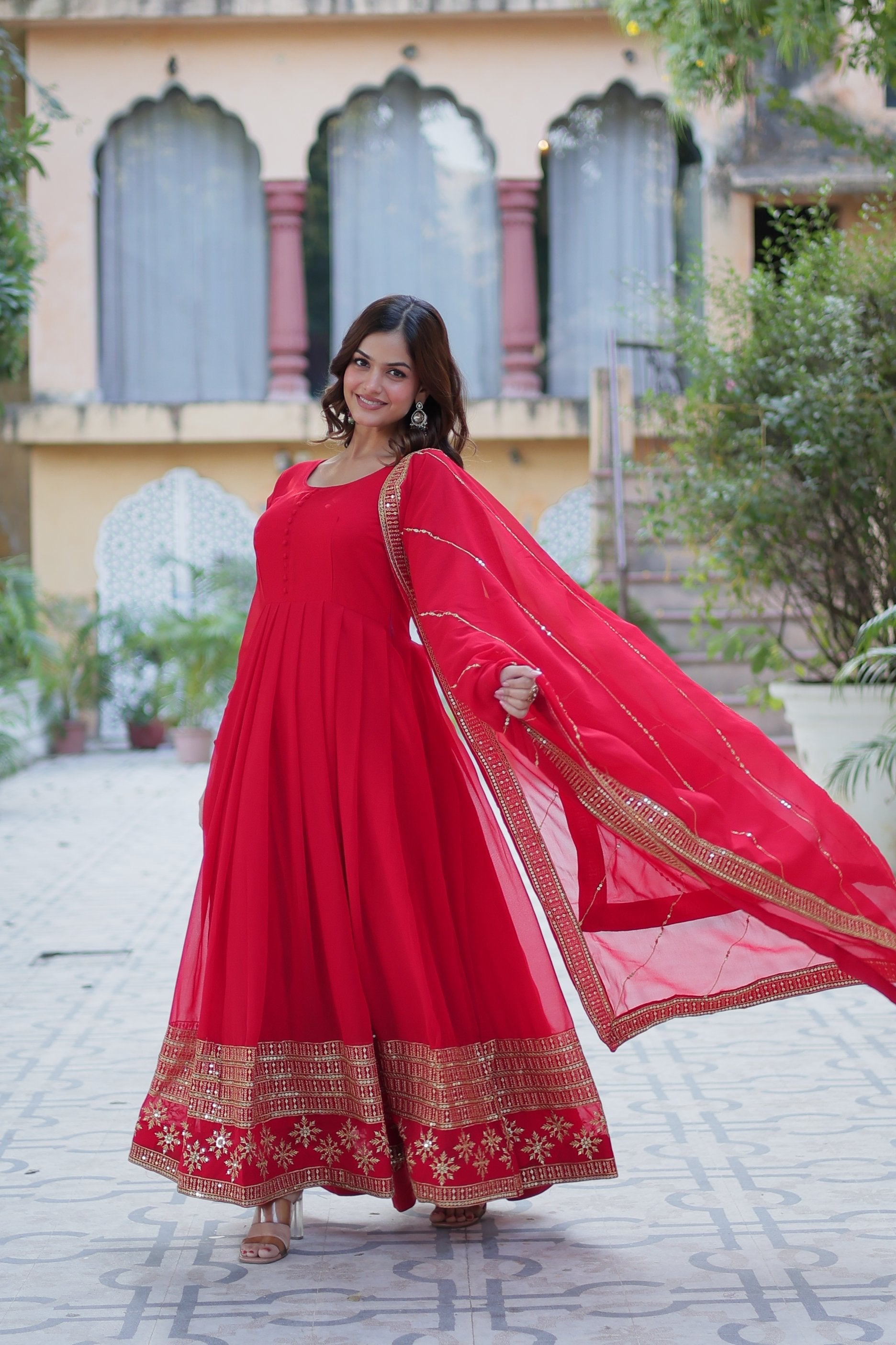 Red Faux Blooming Anarkali Set with Multi Sequins Embroidery