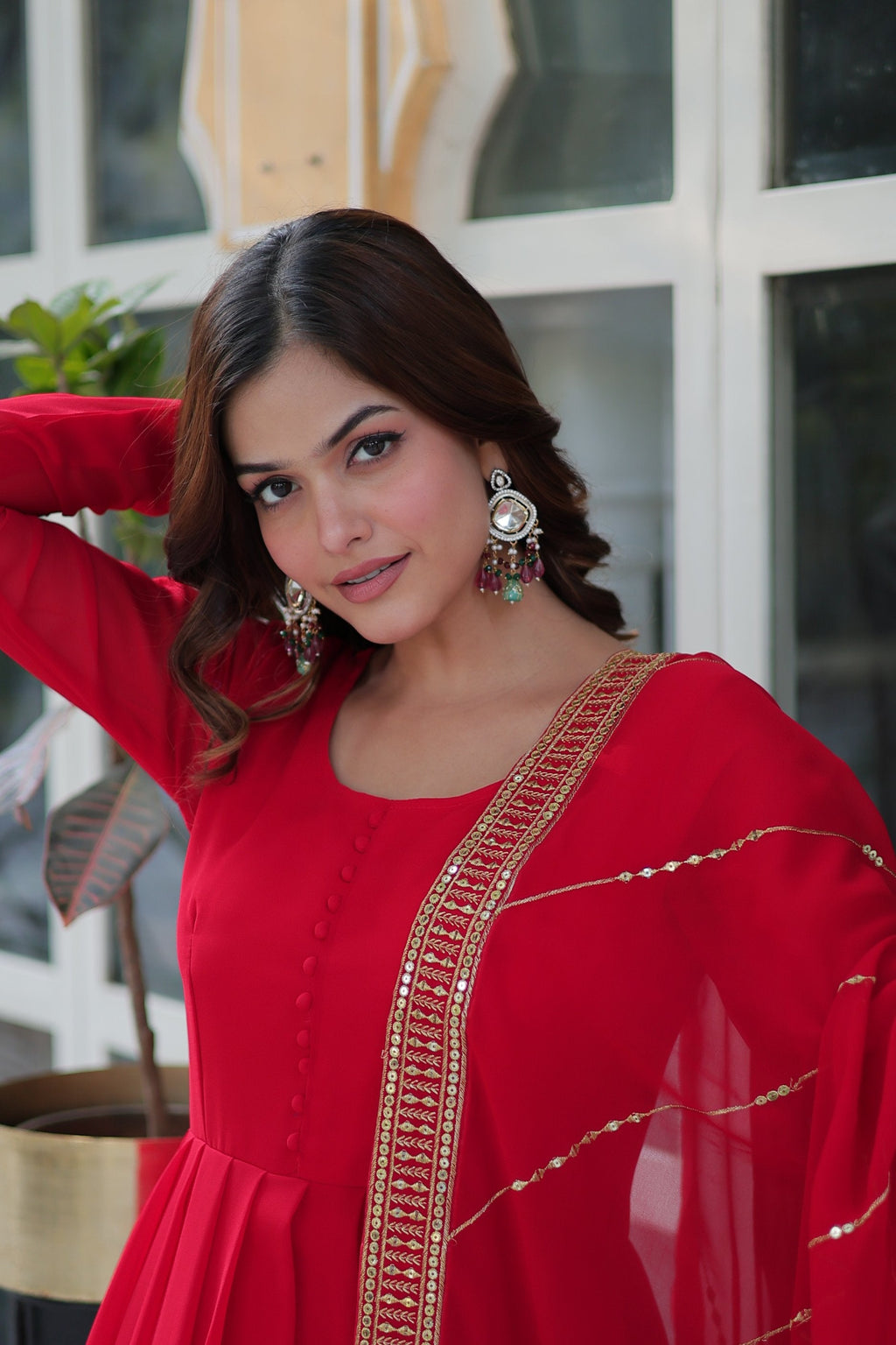 Red Faux Blooming Anarkali Set with Multi Sequins Embroidery