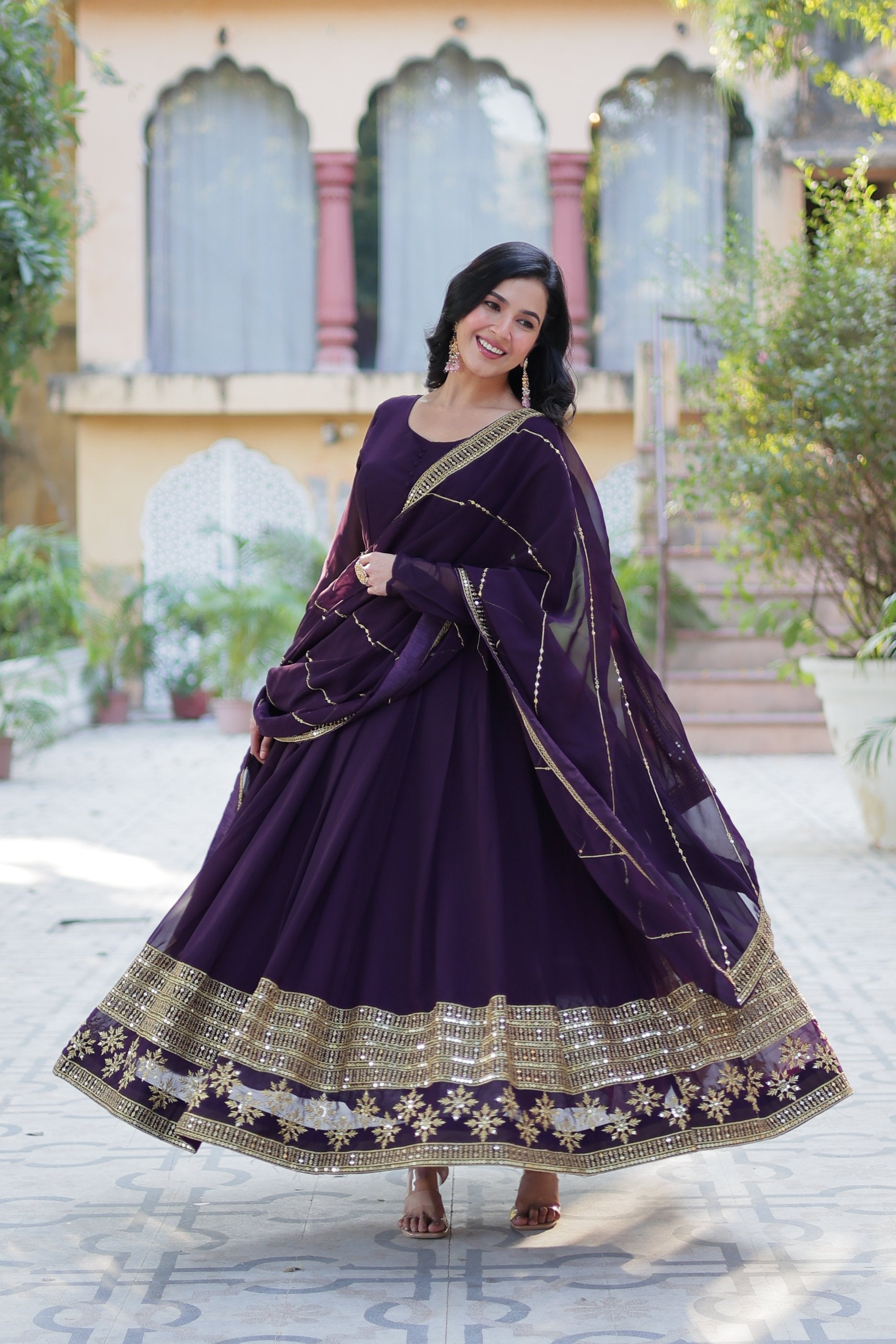 Wine Faux Blooming Multi Sequins Embroidered Anarkali Set