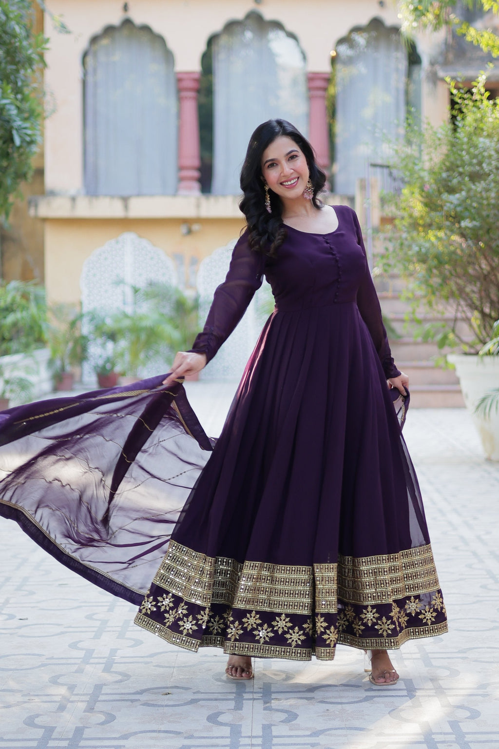Wine Faux Blooming Multi Sequins Embroidered Anarkali Set