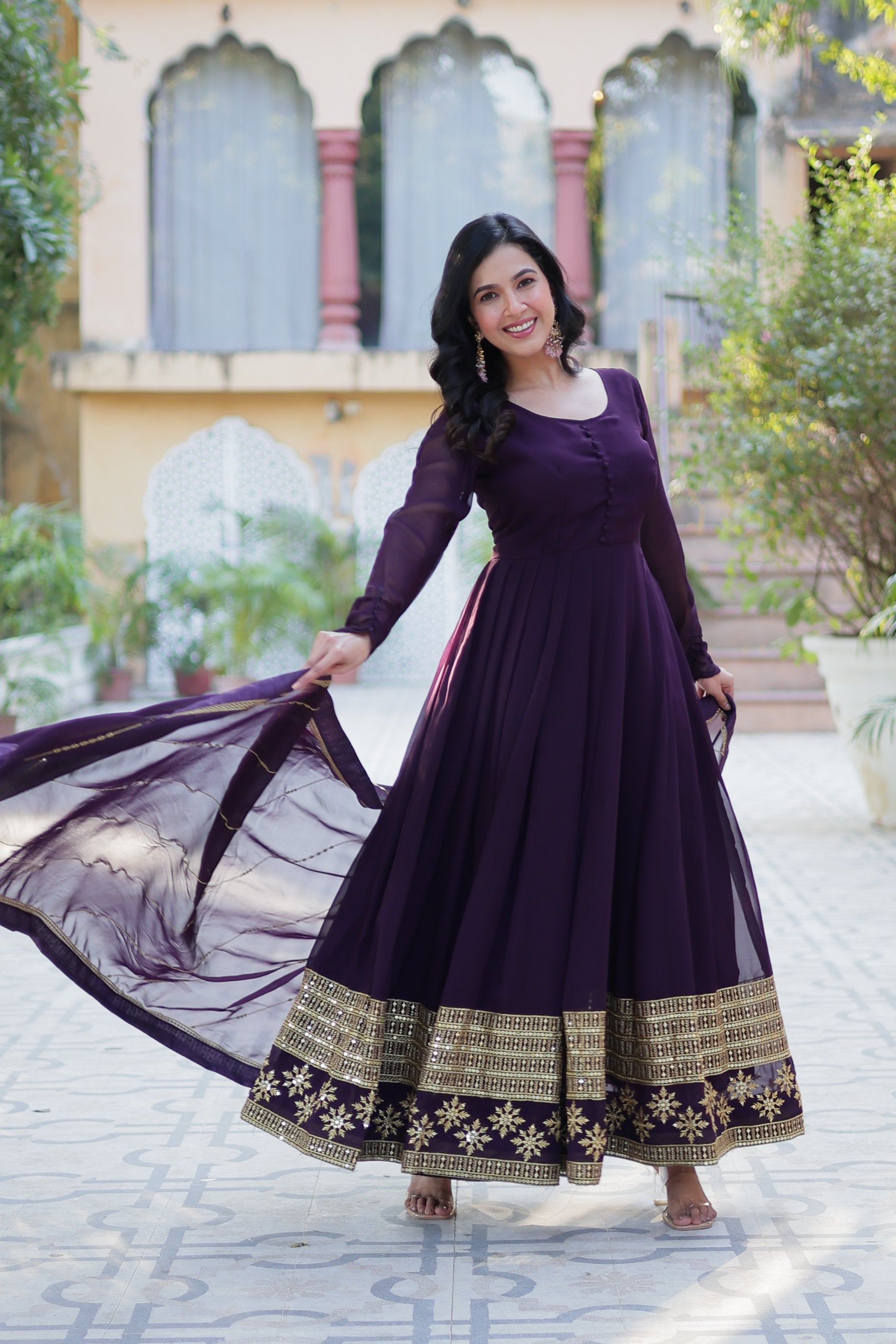 Wine Faux Blooming Multi Sequins Embroidered Anarkali Set