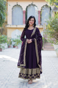 Wine Faux Blooming Anarkali with multi-sequin embroidery and dupatta