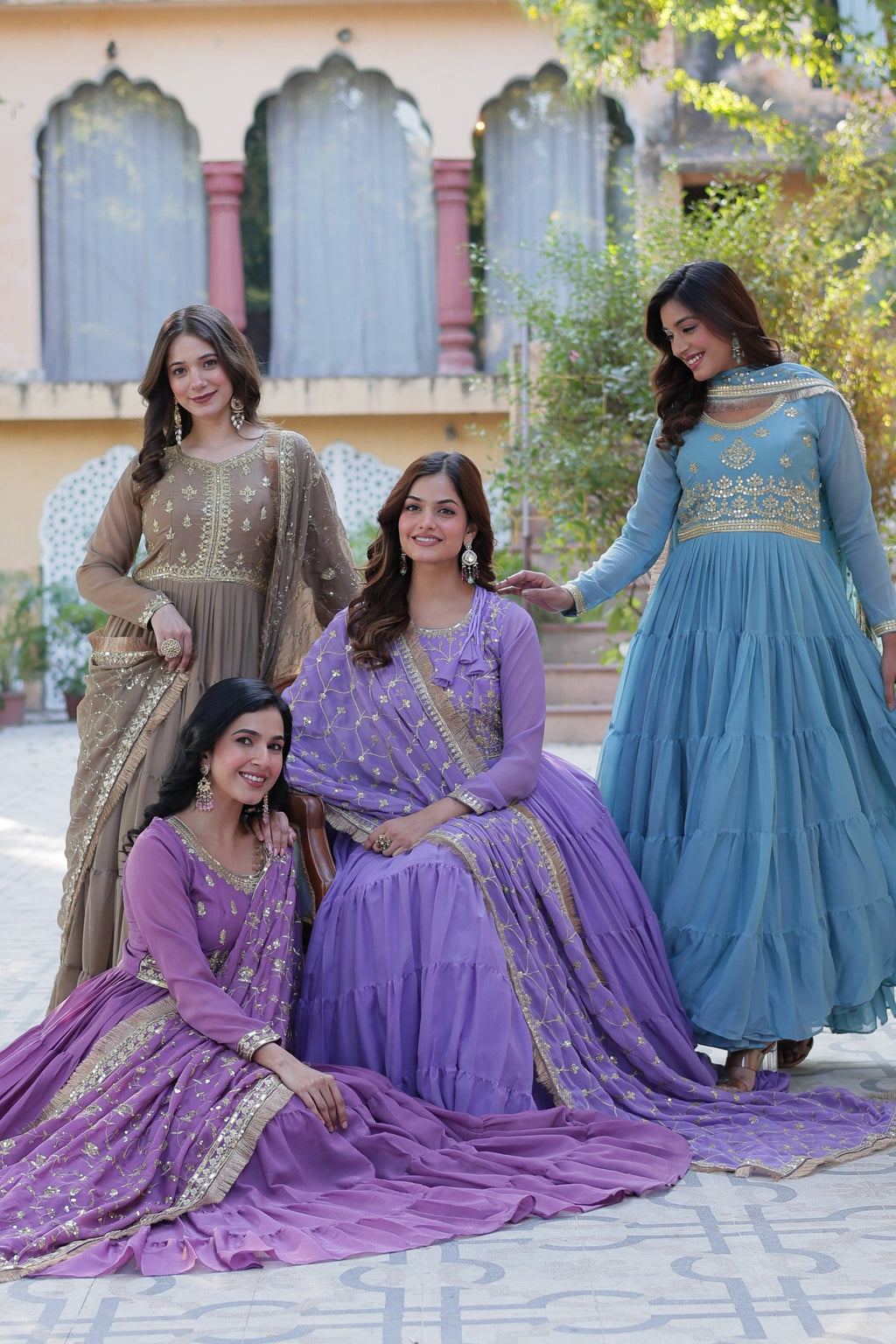 Multi-Color Star Georgette Sequins Embroidered Anarkali Set